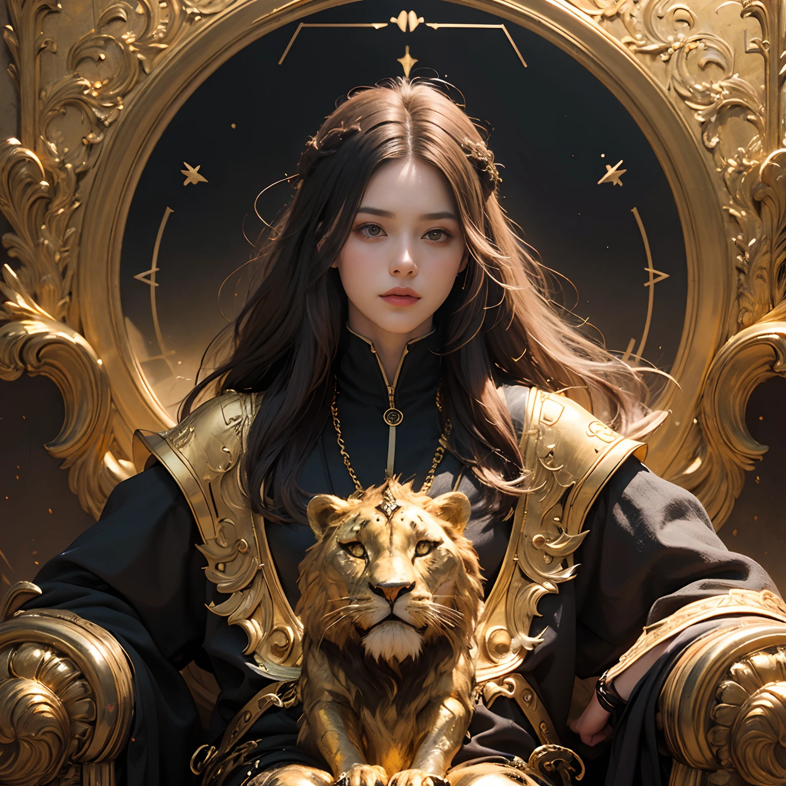 (Magic golden Leo diagram background:1.4), (An adult male,1.5), Wear gold,lion , surrealism,tmasterpiece,best qualtiy,realisticlying,Marvel movies,Detal Face,8K,hyper HD,insanely detailed and intricate, hypermaximalist, elegant, opulent, Ultra photo realsisim, Super detailed, super long hairs, very long hairs, highly detailed hairs, absurdly long hairs, voluminous long hairs, straight posture