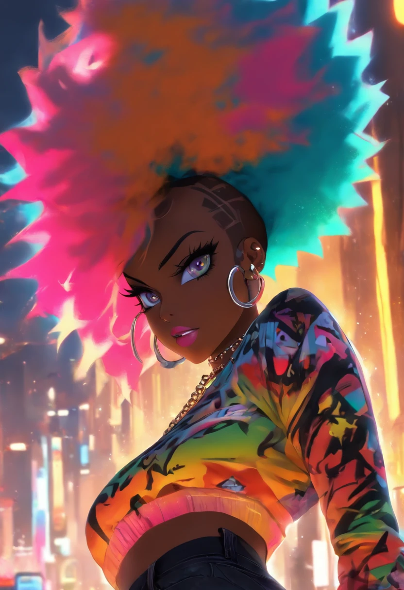 Sexy sedutora  negra strutting,pirulito, (sorriso exuberante: 0.6), pele escura, cabelos pretos, Afro encaracolado curto, bobes de cabelo, (seios grandes: 1.1), Rihanna, Lori Harvey, sexy, magro, cintura pequena, (quadris largos), ossos gigantescos do quadril, Heart-shaped derriere, bunda grande, Uniforme escolar, amarrar, tie ribbon, saia, Olhos bonitos em detalhes, (master part: 1.2, soberbo), Realistic, (tiro real, Bem trabalhada, profundidade de campo), (1girl, sozinho), maquiagem, nobre, (camisa nobre e jarreteira: 1.3), elegante, mas salacioso, corar, Red Light District at Night, orgulhoso, confiante, Amarous, (pele brilhante e brilhante), joias bonitas e diversificadas, 21 anos, (Curvaceous), (bunda grande: 1.3), Bonny, (boca pequena), skirt showing pubic part