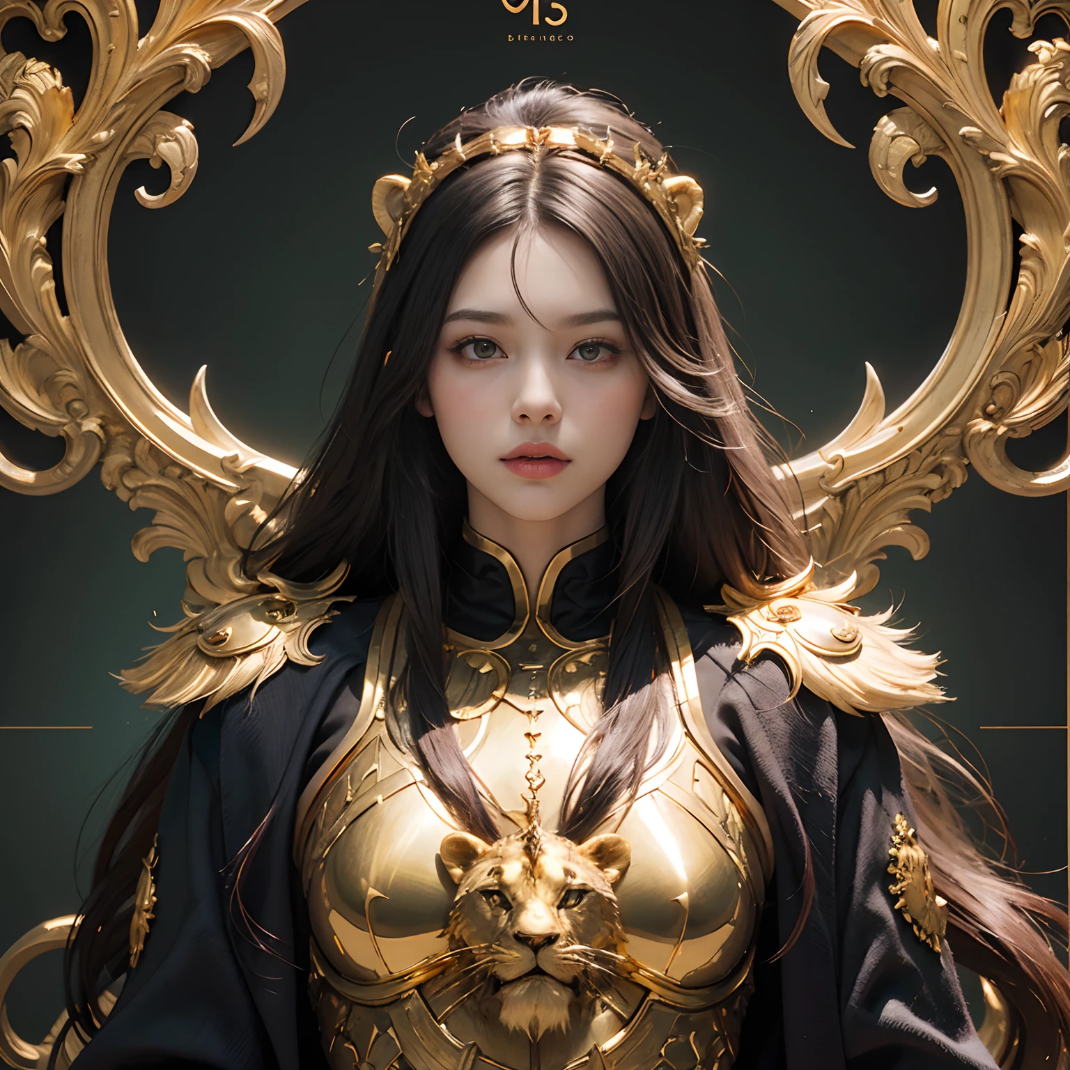 (Magic golden Leo diagram background:1.4), (An adult male,1.5), Wear gold,lion , surrealism,tmasterpiece，best qualtiy，realisticlying，Marvel movies，Detal Face，8K，hyper HD，insanely detailed and intricate, hypermaximalist, elegant, opulent, Ultra photo realsisim, Super detailed, super long hairs, very long hairs, highly detailed hairs, absurdly long hairs, voluminous long hairs, straight posture