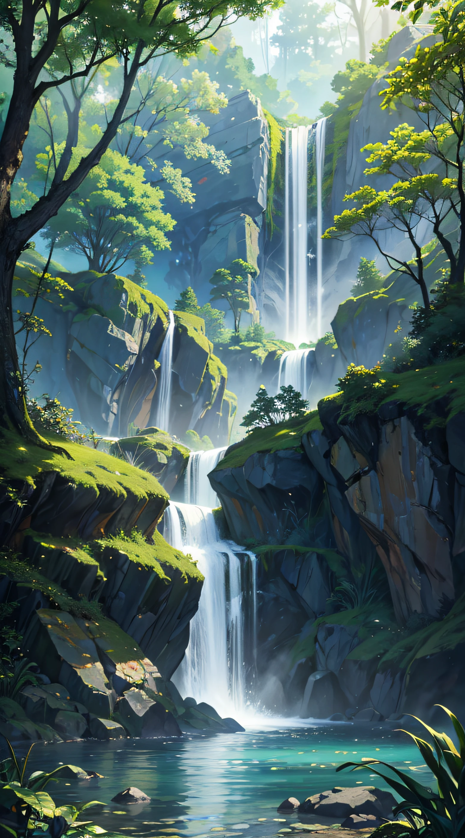 Nature waterfall, forest, spring, jungle, lake, cave, waterfall, tree, meadow, rock, deer, hot spring, water vapor, (illustration: 1.0), epic composition, realistic lighting, HD details, masterpiece, best quality, (very detailed CG unified 8k wallpaper)water vapor, masterpiece, (hd quality 8k), anime version.