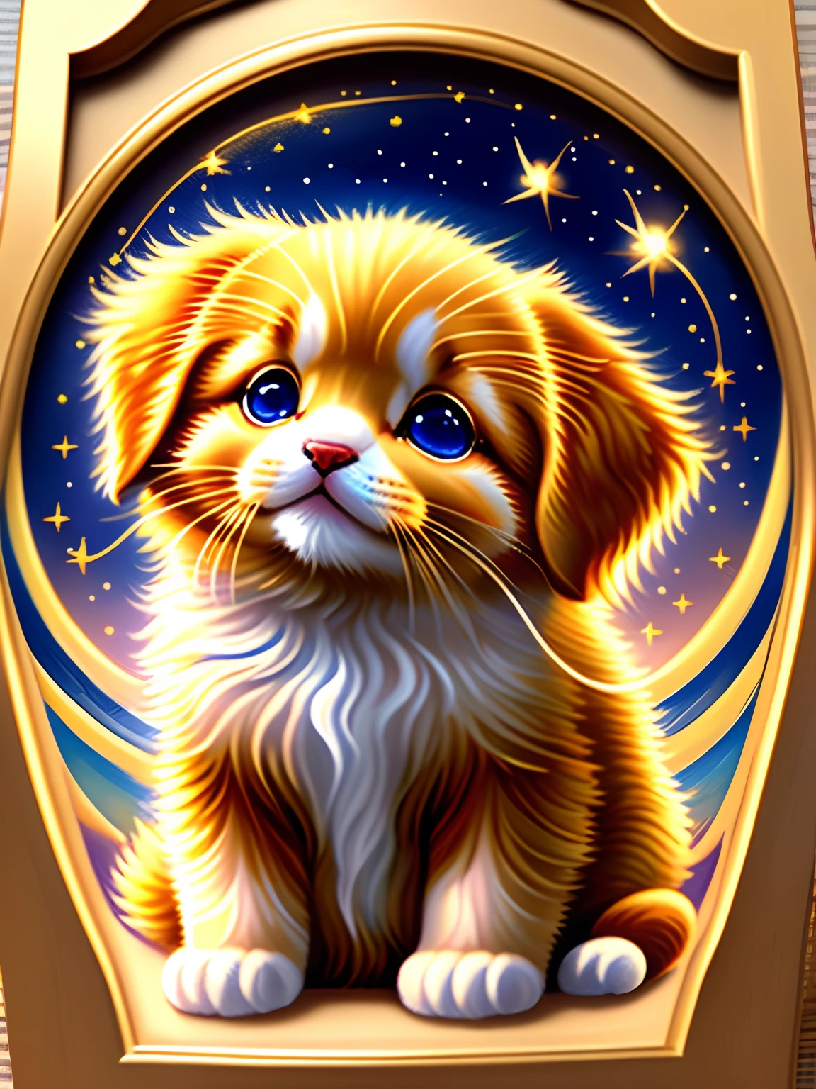 Golden Retriever's cute moment painting、Breathtaking rendering、In a shining connection、Kinuko Y.Inspired by the craft、magic elements、Kitten icon、The is amazing、Beautiful fece、Multi-cast colorful spells、Bright flash、The Flash