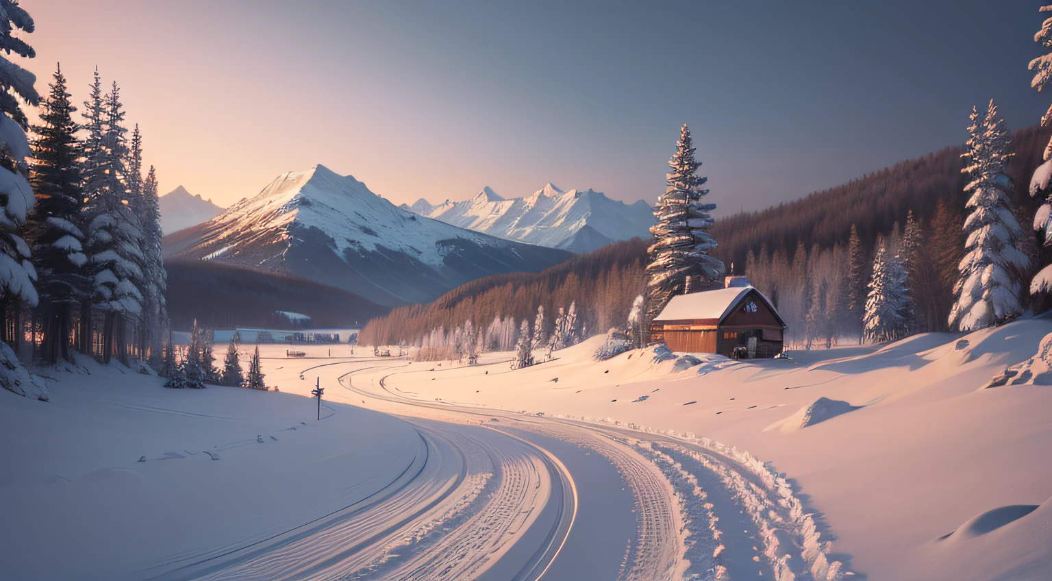 painting of forest at winter, There is a house in the distance, scenery artwork, scenery art detailed, digital landscape art, a beautiful artwork illustration, detailed scenery, let it snow, 4K, anime landscape, realistic