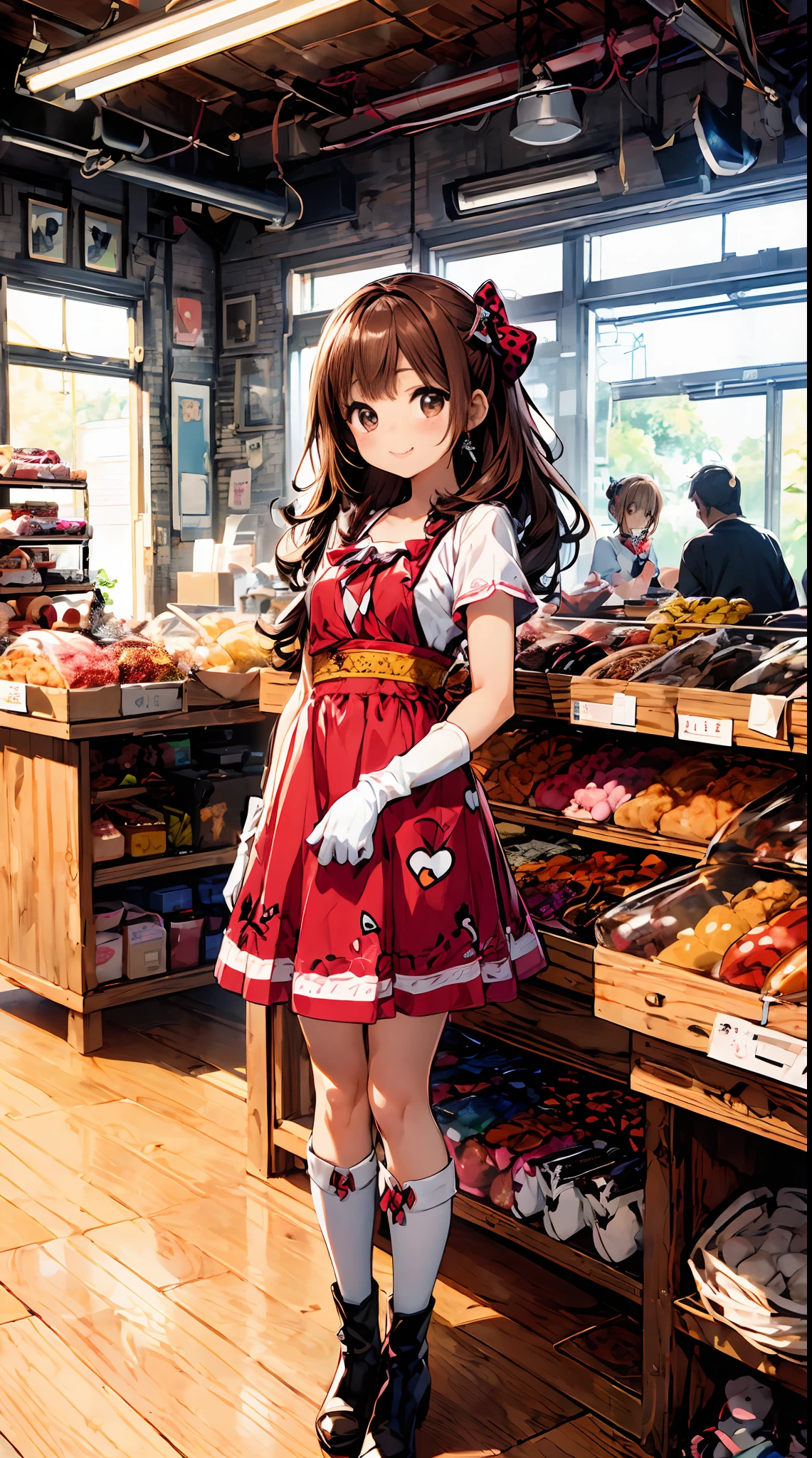 (Cute:1.5),(Chibi:0.5),(kawaii:2.0),(Lori:2.0),(7 year old girl),(Solo:1.65),BREAK, (flat chest:1.2,), Clear skin, Beautiful skin, Shy, One Beautiful Girl,Colossal tits(Hair Bow, reddish brown hair, Twin-tailed:1.2), (Brown eyes, long eyelashes, Double eyelids: 1.2), Shiny skin, BREAK, Star \(symbol\, (gloves, White Gloves:1.3), (bug, Dress,polka dot:1.3) , Looking at Viewer,(long boots:1.2),BREAK,from the front side, Dynamic Angle,plein air,(Happy,:D,Angelic smile,Jumping,Eyes are stars:1.3),BREAK,(Indoor,Candy Store,japan buildings,Commodity shed,Candy on the shelf,shop front,Elderly woman sitting at counter,Sliding glass door:1.2),(I have hands full of candy,is standing,Jumping:1.3),BREAK,wakame,wakame,wakame,(Highly detailed CG Unity 8k wallpaper),(Best Quality, Very detailed, Colorful, Highest detail),(Super Detail),(Best Illustration),(Best Shadow),POV,Realistic lighting and shading,Natural light,Lens flare effect,absurderes,absolutely resolution,unbelievable Ridiculous,hight resolution,ultra-detailliert,Official art,unity 8k,Kinetic Typography Break