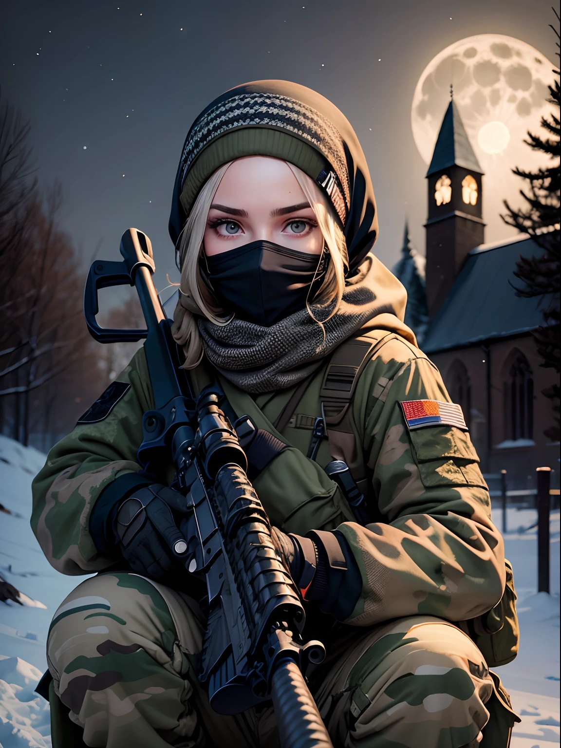 25 year old woman, wearing multicam jumpsuit, balaclava, keffiyeh, ski mask, face covered, crouching in bushes, holding realistic sniper rifle, nighttime,Norman church in background, full moon,