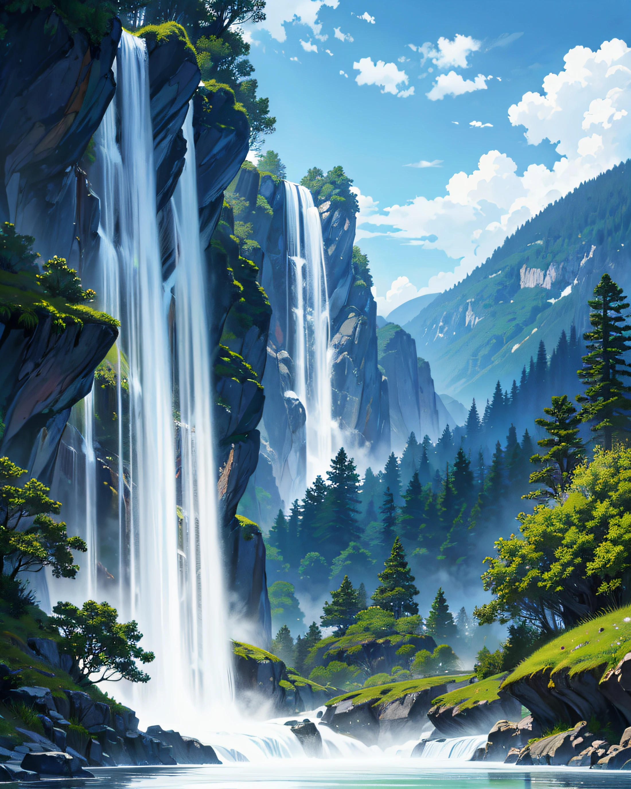 Nature waterfall, forest, water vapor, masterpiece, nobody, graphic ultra HD, anime detailed, sky with clouds, no person, high quality, upscale, not bad view, perfect view, most, masterpiece, (hd quality 8k), (very detailed unified 8k wallpaper) anime version.