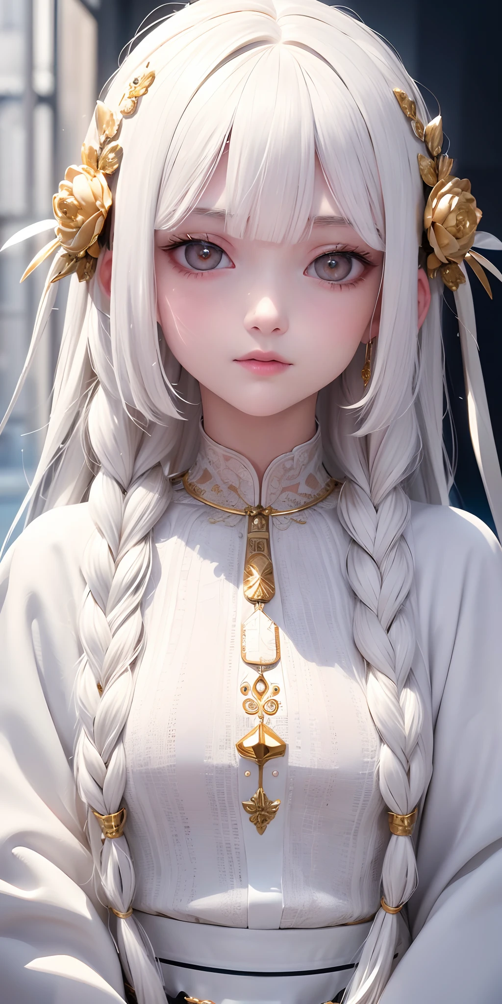 best quality, masterpiece,white hair, gold eyes,white clothes, looking up, upper body,hair strand,Fair skin,side braids