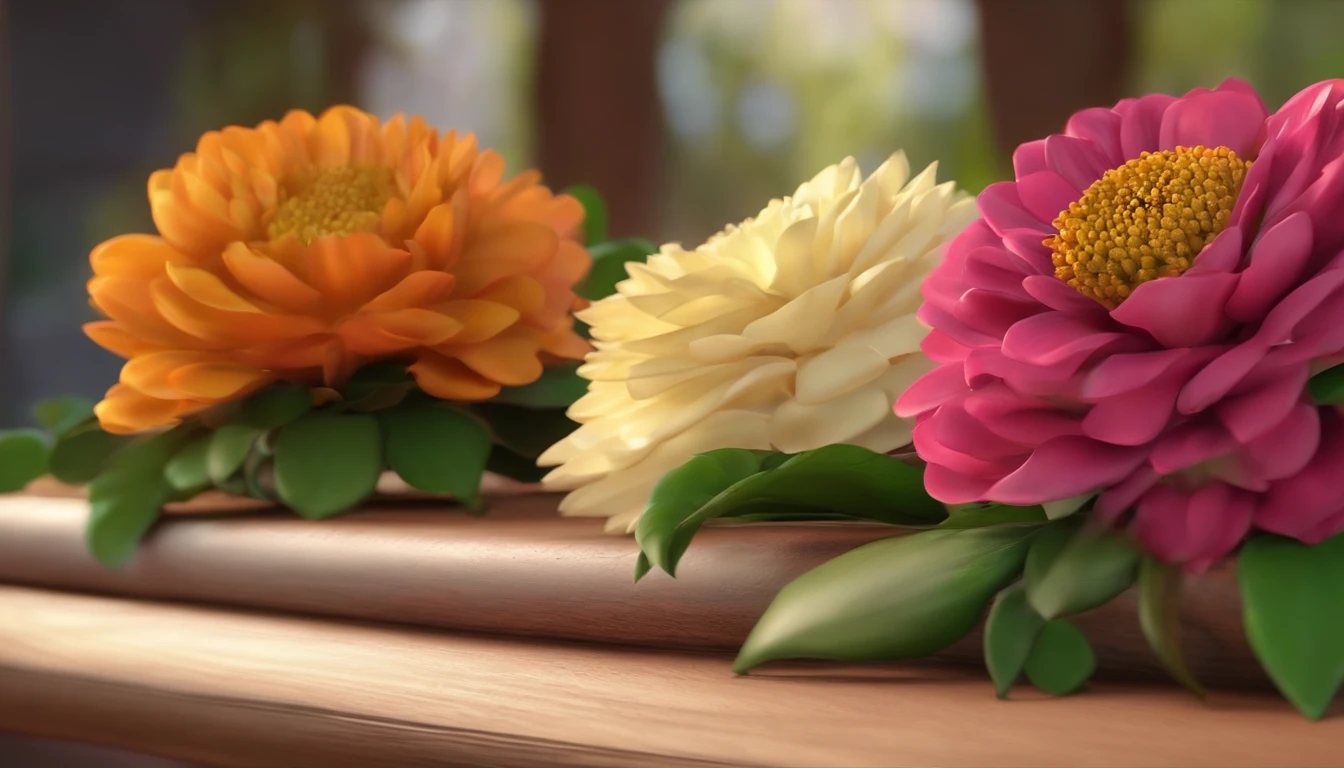 Garota de cabelo comprido realista meio cartoon sorrindo e olhando para um bolo lindo sobre a mesa com flores realistas