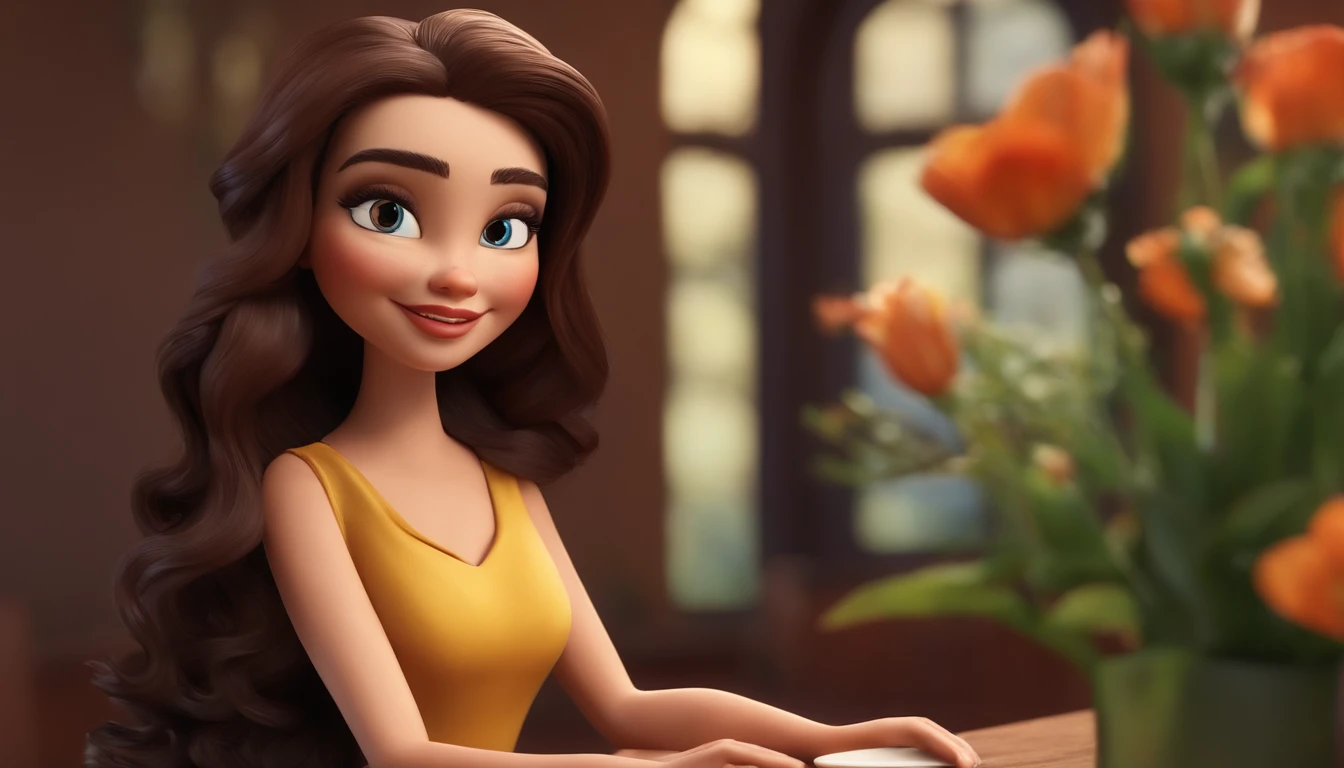 Garota de cabelo comprido realista meio cartoon sorrindo e olhando para um bolo lindo sobre a mesa com flores realistas