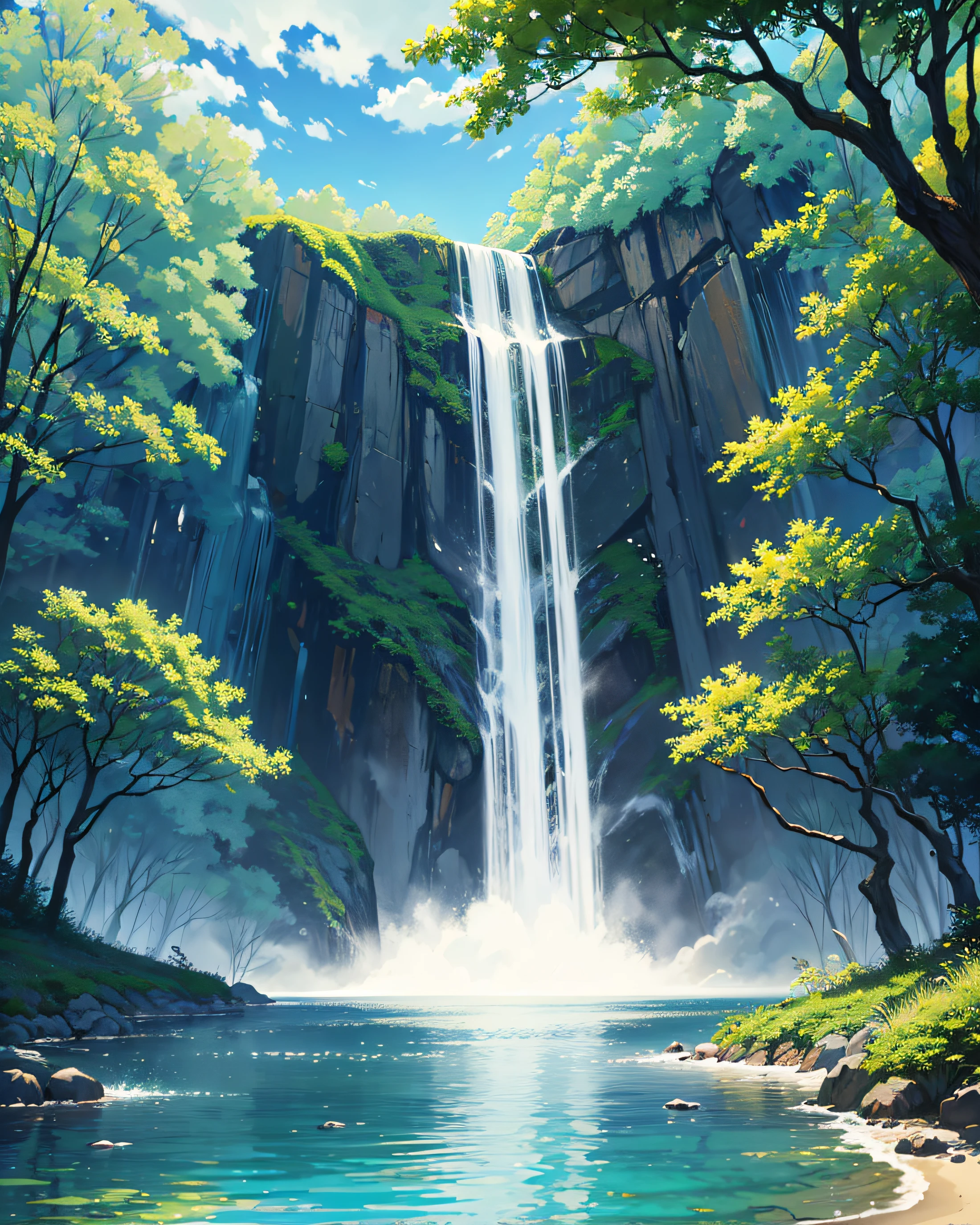 Nature waterfall, forest, water vapor, masterpiece, nobody, graphic ultra HD, anime detailed, sky with clouds, no person, high quality, upscale, not bad view, perfect view, most, masterpiece, (hd quality 8k), (very detailed unified 8k wallpaper) anime version.