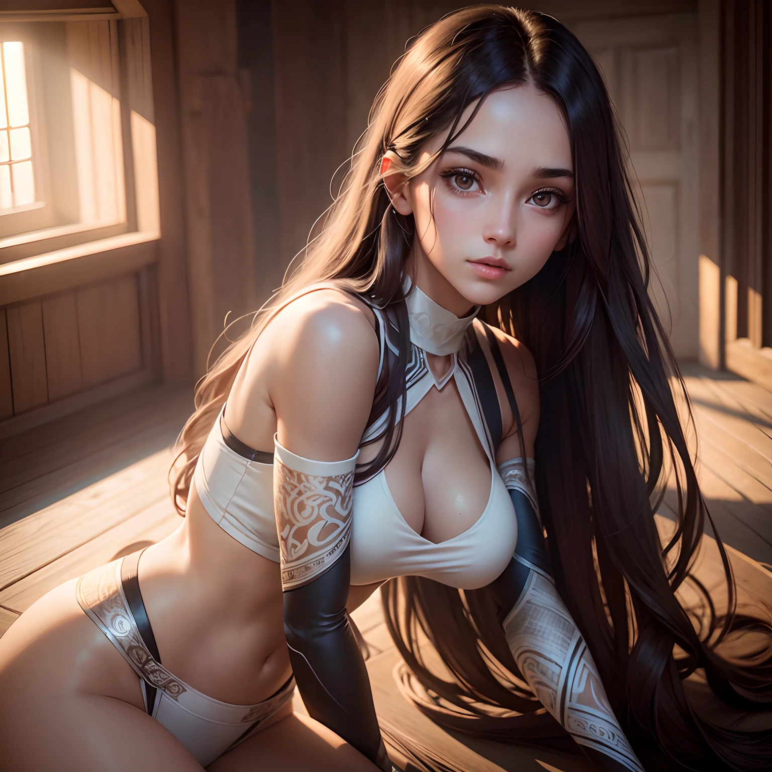 Natural photography of a beautiful girl, wearing a tight crop top, leaning over, long flowing hair, big bust, locks eyes into the camera, symmetrical eyes, symmetrical face, photorealistic, photography, path tracing, specular lighting, volumetric face light, path traced hair, visible shadows, intricate, elaborate