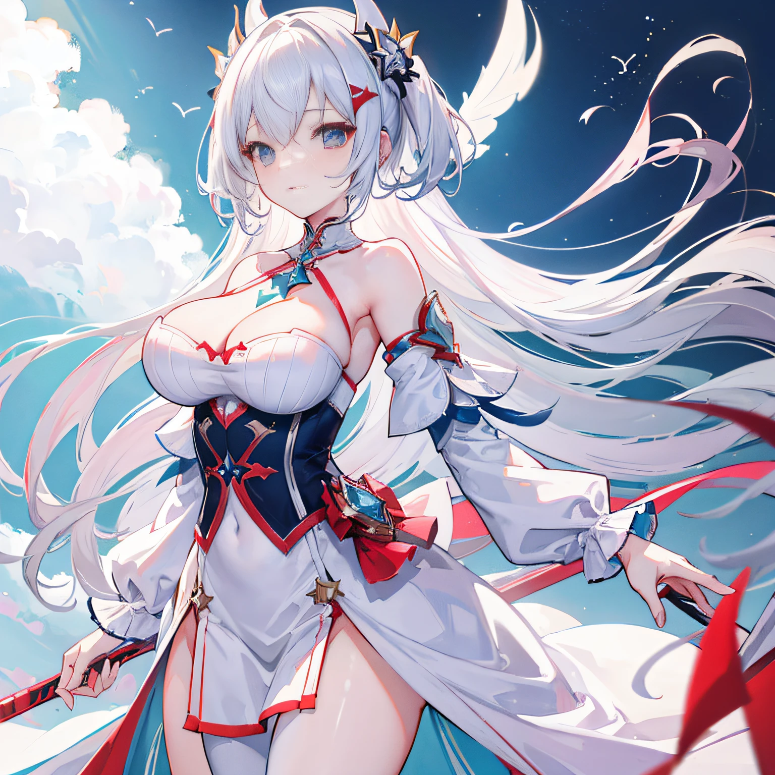 Honkai Star Dome Railway，Beth，Lori huge breasts cleavage，dual horsetail，White color hair，period costume，teens girl，solo person