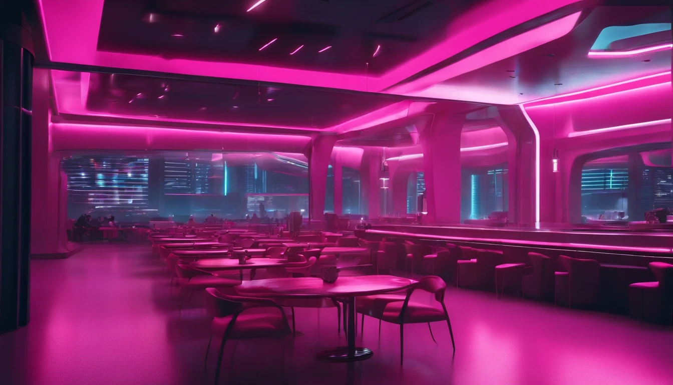 cafeteria, futuristic backdrop, Cyberpunk, 8k, pink lighting