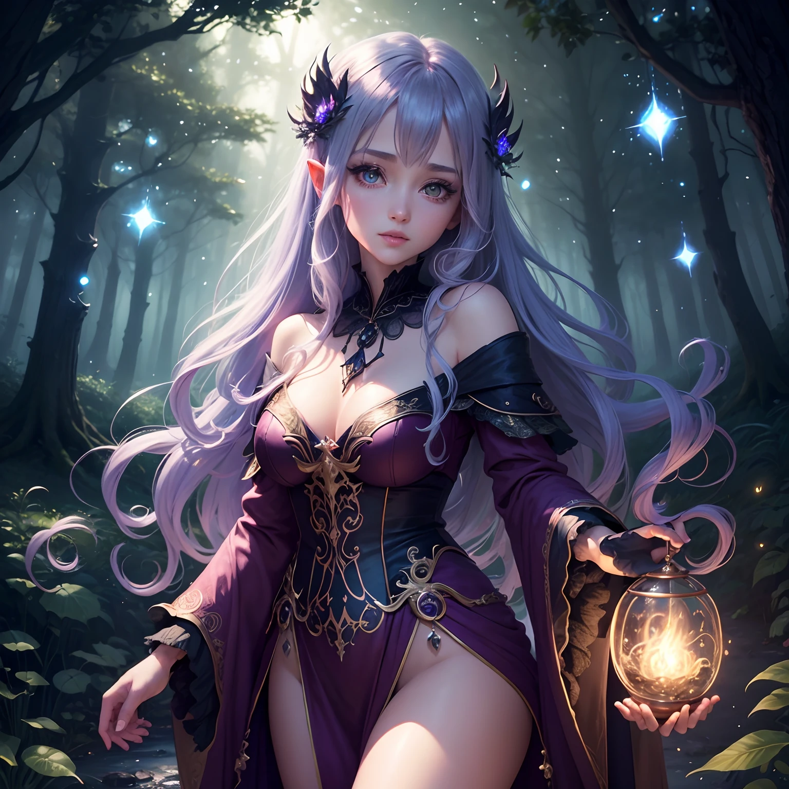 (Best Quality,4k,8K,hight resolution:1.2),Ultra-detailed,Anime style,[witchy,The Witch Girl,Fantasy Girl,anime girl],beautiful detail eyes,beautiful detailed lips,Extremely detailed eyes and face,long eyelashes,Vermilion hair, fluttering in the wind, magical robe, upskirt, [enchanted,The Enchanted Forest,mystical forest,A magical forest],Magic Glowing Light,sparkling stars,Forest Creatures,A whimsical atmosphere,Witch's Staff,Glowing magic runes,incantation,Beautiful moonlit sky,Mysterious Shadows,Flickering Fireflies,Soothing colors,Fantasy elements,magic atmosphere,Magic Essence,otherworldly charm,Harmony of nature,Peace and tranquility,Soft and fabulous,A Continuous Flow of Magic,Enchanted Aura,stage, Similar to a storybook, Spellbinding
