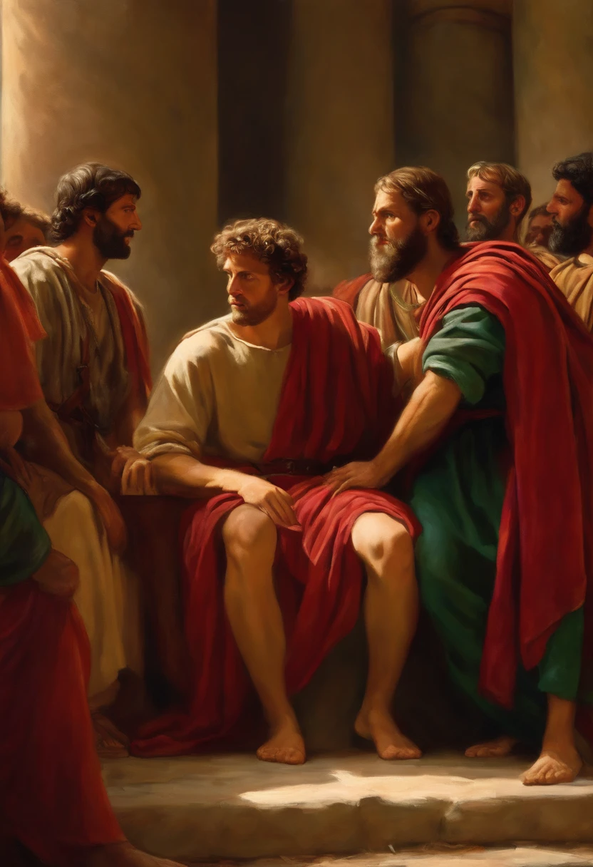 Create an image that depicts the Apostle Paul in a moment of detention by Roman soldiers, captured in a scene that reflects the transition of his life before becoming a follower of Christ to the pivotal moment of his conversion.
