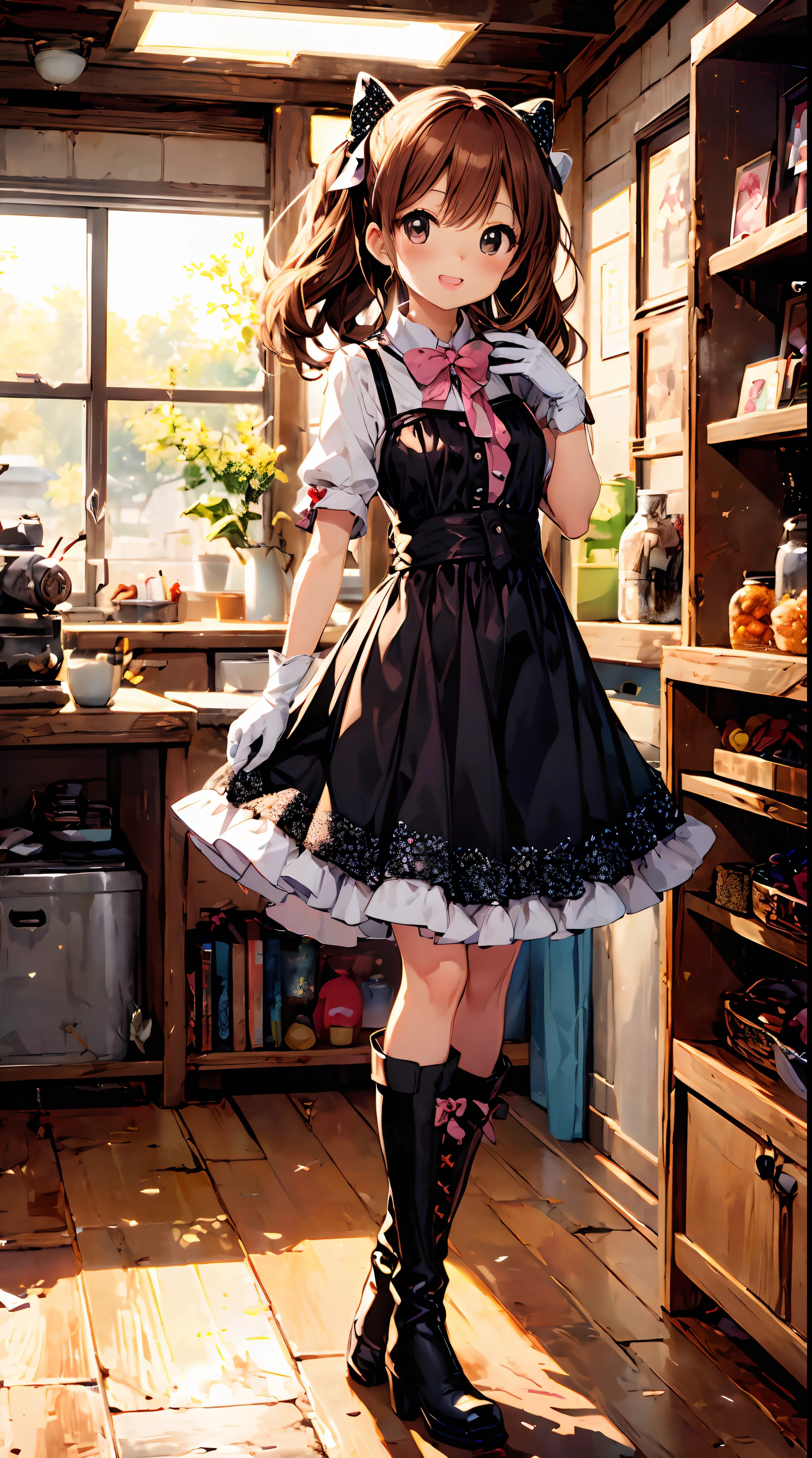 (Cute:1.5),(Chibi:0.5),(kawaii:2.0),(Lori:2.0),(7 girl),(Solo:1.65),BREAK, (flat chest:1.2,), Clear skin, Beautiful skin, Shy, One Beautiful Girl,Colossal tits(Hair Bow, reddish brown hair, Twin-tailed:1.2), (Brown eyes, long eyelashes, Double eyelids: 1.2), Shiny skin, BREAK, Star \(symbol\, (gloves, White Gloves:1.3), (bug, Dress,polka dot:1.3) , Looking at Viewer,(long boots:1.2),BREAK,from the front side, Dynamic Angle,plein air,(Happy,:D,Angelic smile,Jumping,Eyes are stars:1.3),BREAK,(Indoor,Candy Store,japan buildings,Commodity shed,Candy on the shelf,shop front,Elderly woman sitting at counter,Sliding glass door:1.2),(I have hands full of candy,is standing,Jumping:1.3),BREAK,wakame,wakame,wakame,(Highly detailed CG Unity 8k wallpaper),(Best Quality, Very detailed, Colorful, Highest detail),(Super Detail),(Best Illustration),(Best Shadow),POV,Realistic lighting and shading,Natural light,Lens flare effect,absurderes,absolutely resolution,unbelievable Ridiculous,hight resolution,ultra-detailliert,Official art,unity 8k,Kinetic Typography Break