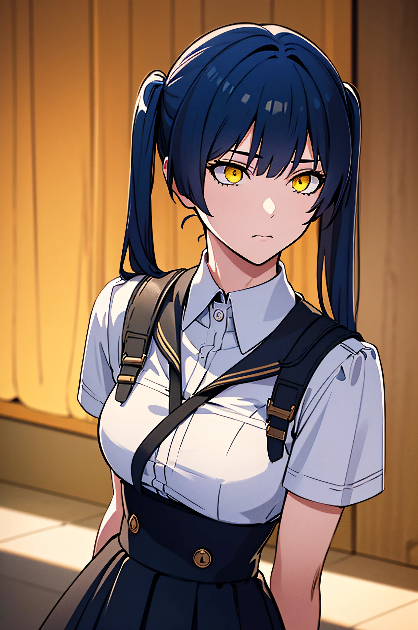 masterpiece, best quality, ultra-detailed, illustration, vibrant details,cinematic lighting,moody lighting (1girl), solo, perfect anatomy, beautiful detailed eyes,(upper body:0.8) , (close-up:0.8), sharp focus, glowing eyes, detailed 4k eyes,blue hair, yellow eyes, twintails, school uniform, shirt, very long skirt, suit,((ultra detailed,hyperrealistic,unreal engine 5,Natural lighting,)) Preparing