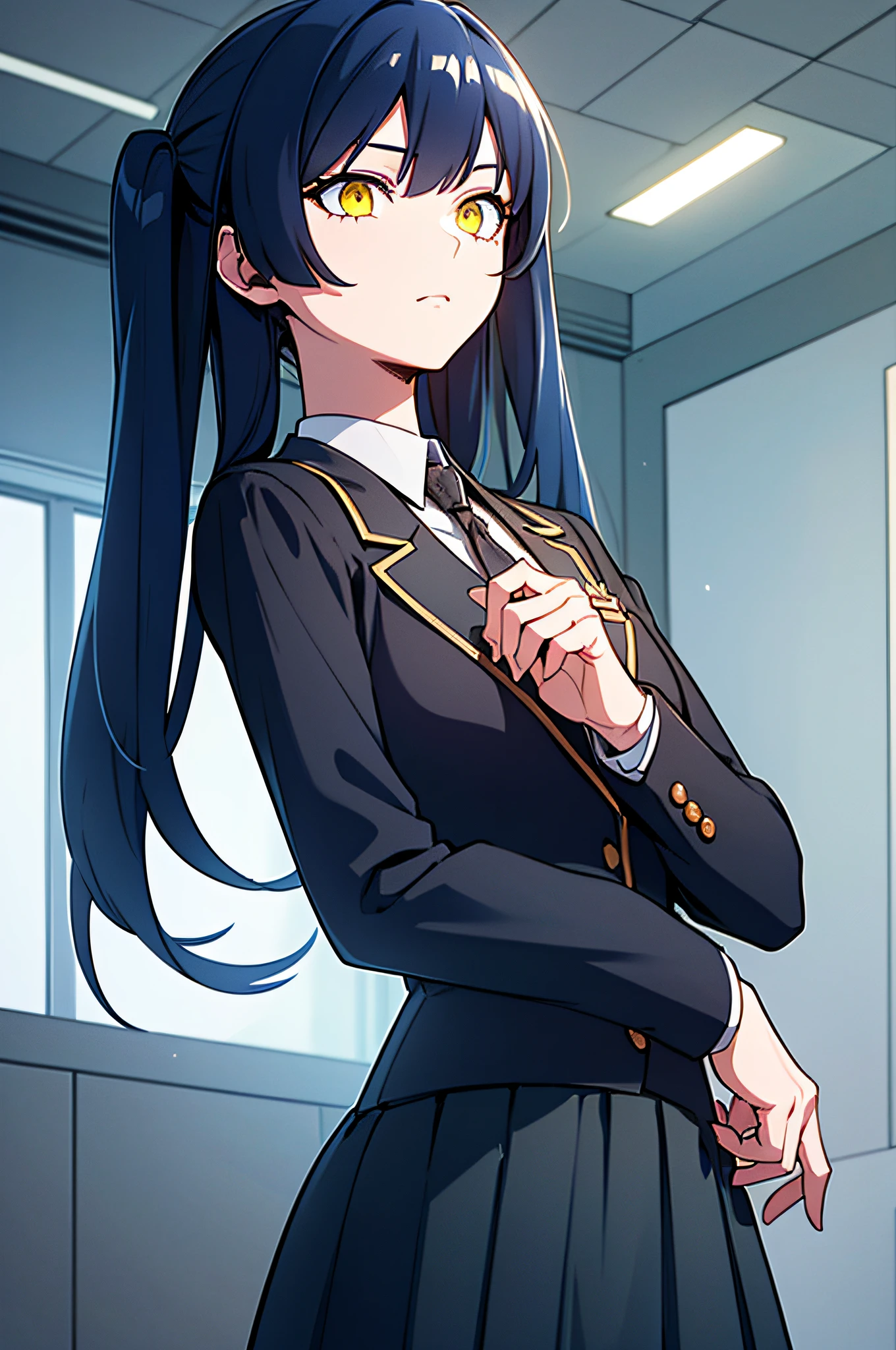 masterpiece, best quality, ultra-detailed, illustration, vibrant details,cinematic lighting,moody lighting (1girl), solo, perfect anatomy, beautiful detailed eyes,(upper body:0.8) , (close-up:0.8), sharp focus, glowing eyes, detailed 4k eyes,blue hair, yellow eyes, twintails, school uniform, shirt, very long skirt, suit,((ultra detailed,hyperrealistic,unreal engine 5,Natural lighting,)) Preparing