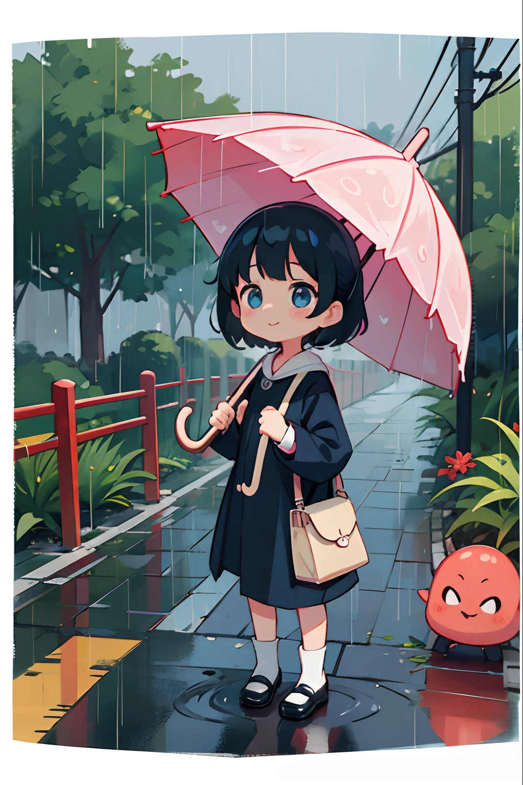 Photo of parent and child holding umbrella on rainy day、Umbrellas are great、bustup、Eye Up、The road surface is wet、She enjoys the rain