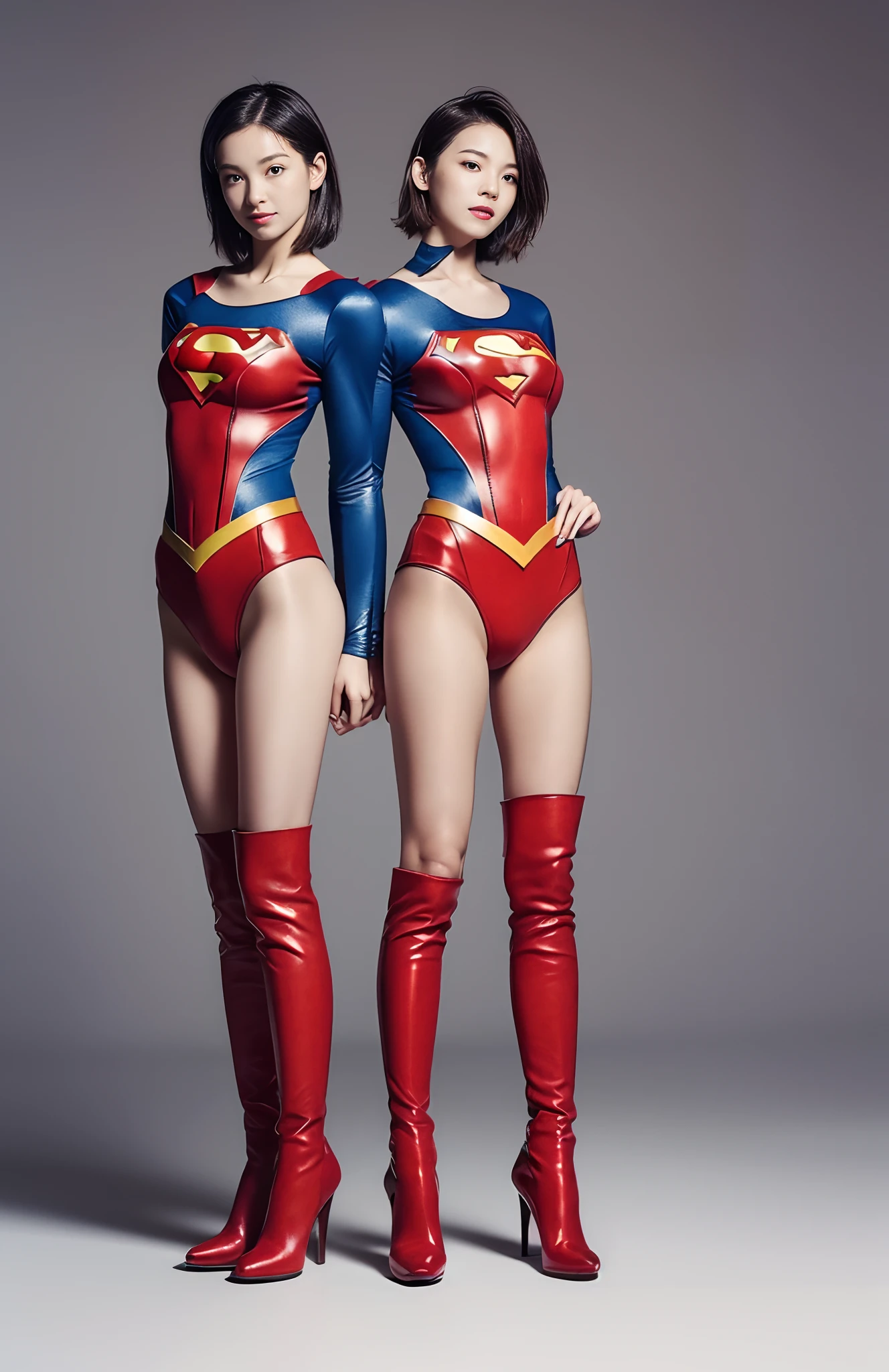 Be sure to wear black tights、(((Make the most of the original image)))、(((Supergirl Costume)))、(((shiny short hair)))、(((Suffering)))、(((Feet must necessarily be worn with black tights)))、(((Smile)))、(((You need to wear red boots)))、((Top image quality、8K))、((top-quality、8K、masterpiece:1.3))、(((Keep your background simple)))、Crisp focus:1.2、Beautiful woman with perfect body shape:1.4、Slender Abs:1.2、a wet body:1.5、Highly detailed facial and skin texture、
