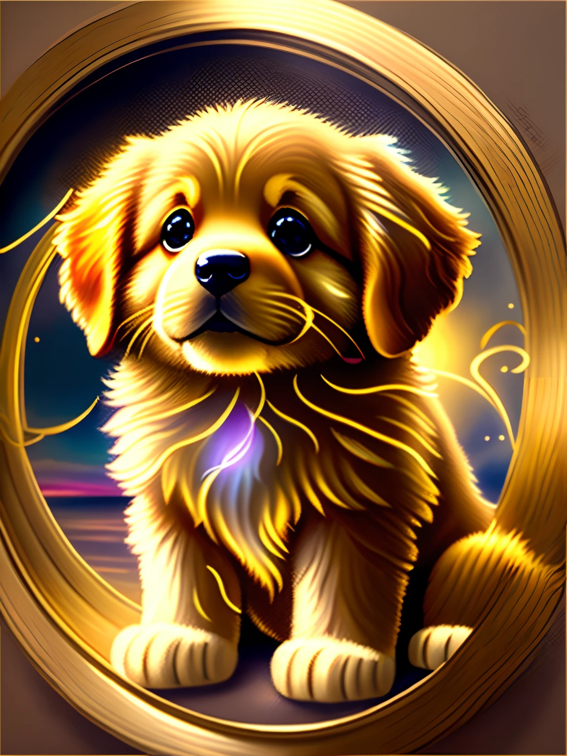 Golden Retriever's cute moment painting、Breathtaking rendering、In a shining connection、magic elements、Golden Retriever's cute moment icon、The is amazing、Beautiful fece、Multi-cast colorful spells、Bright flash、The Flash