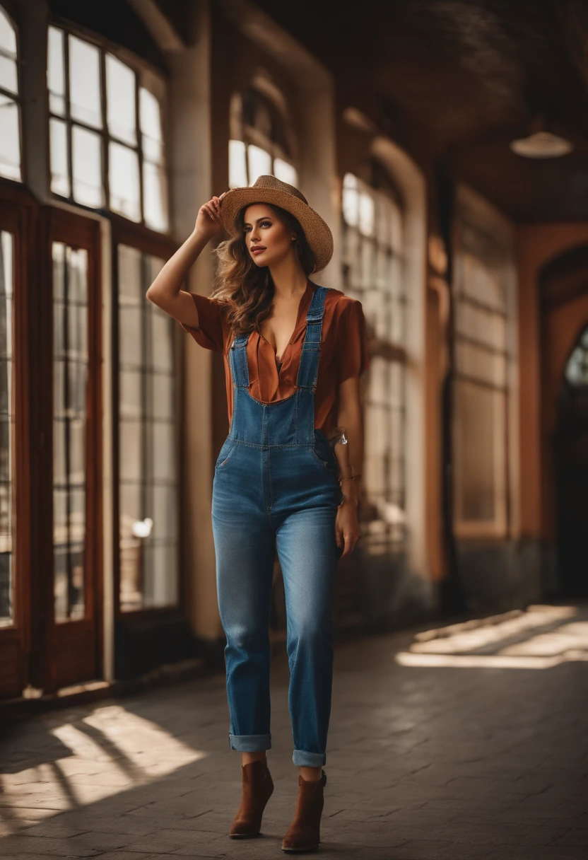 Ein Foto von pho3b3cat3s, gorgeous woman, ((24 Jahre alt)), road, T-Shirt, Denim-Overalls, 1980er Jahre, retro, Langer gewellter Pferdeschwanz mit dunklem Haar, (Meisterwerk), (extrem detailliertes CG Unity 8k Wallpaper), kompliziert, ((fotorealistisch)),