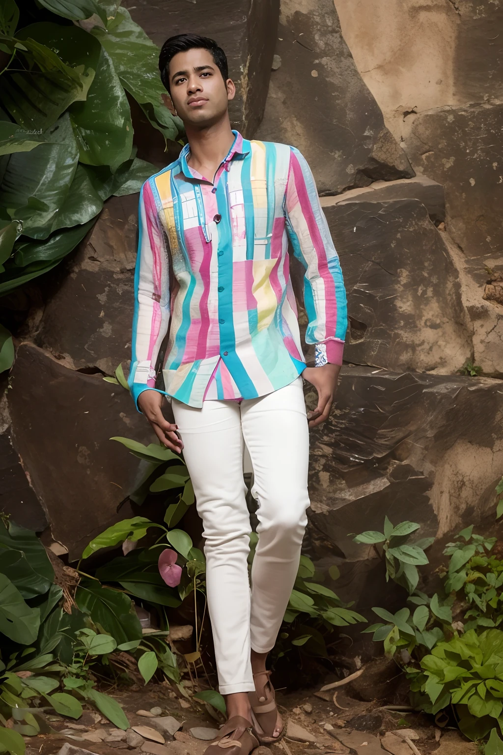 arafed man standing in front of a rock wall with a plant growing out of it, full body photogenic shot, casual photography, with lovely look, modeling shoot, stylish pose, with a cool pose, * colour splash *, casual pose, full body portrait shot, full body photograph, jayison devadas style, photograpgy, !! low contrast!!