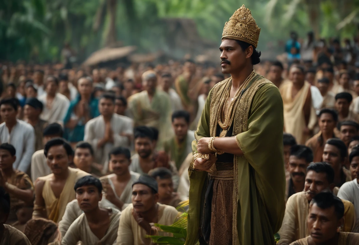 cinematic film still {Realistic photograph of Gajahmada Mahapatih, wearing sorban, delivering the Sumpah Palapa oath in front of a large crowd of people. set in Java in the 14th century. Gajahmada should be depicted as a tall and imposing figure, with a stern expression on his face. He should be wearing traditional Javanese clothing, and he should be holding a sword in his hand. The crowd of people should be listening attentively to Gajahmada's words. The background of the painting should be a lush green jungle.} . shallow depth of field, vignette, highly detailed, high budget, bokeh, cinemascope, moody, epic, gorgeous, film grain, grainy