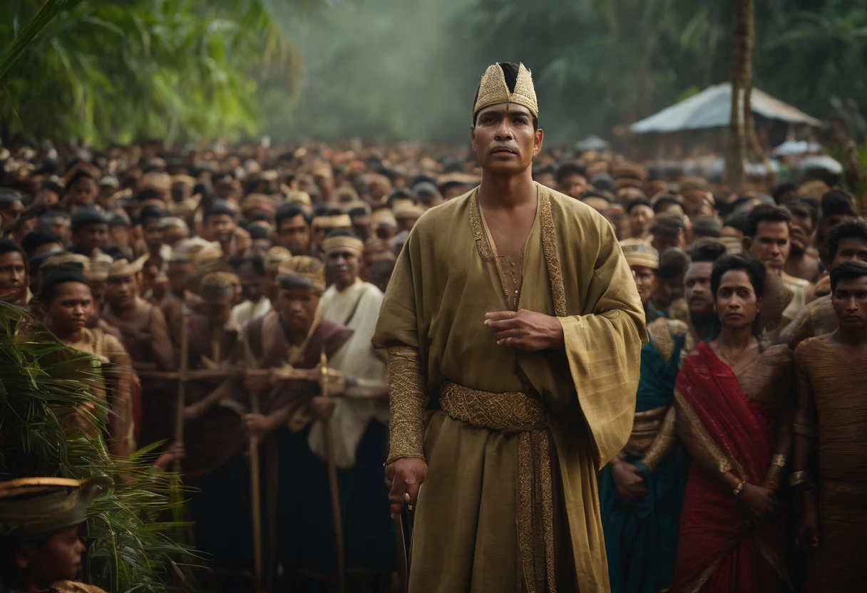 cinematic film still {Realistic photograph of Gajahmada Mahapatih, wearing sorban, delivering the Sumpah Palapa oath in front of a large crowd of people. set in Java in the 14th century. Gajahmada should be depicted as a tall and imposing figure, with a stern expression on his face. He should be wearing traditional Javanese clothing, and he should be holding a sword in his hand. The crowd of people should be listening attentively to Gajahmada's words. The background of the painting should be a lush green jungle.} . shallow depth of field, vignette, highly detailed, high budget, bokeh, cinemascope, moody, epic, gorgeous, film grain, grainy