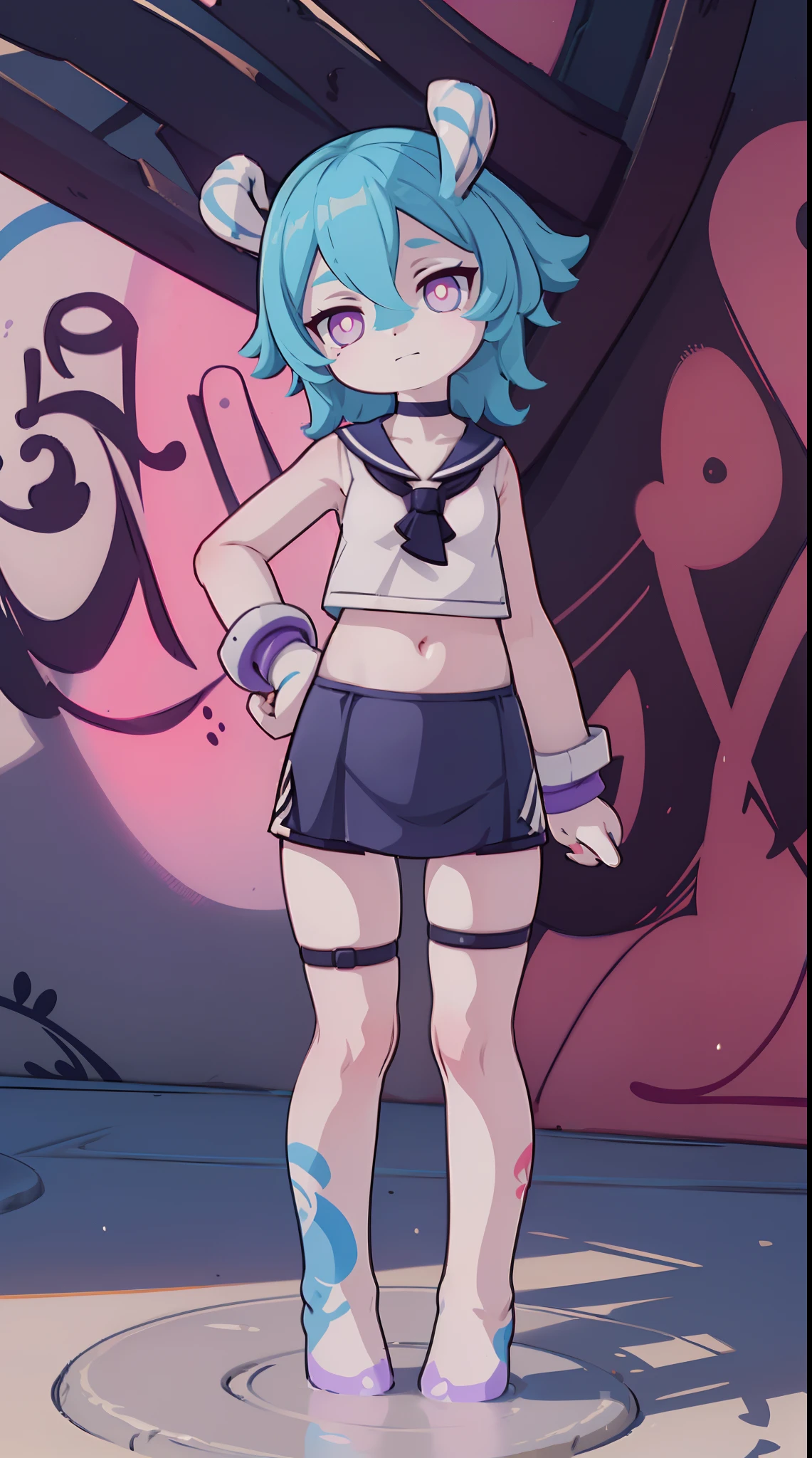 Melousine | genshin impact, master-piece, bestquality, 1girls,25 years old, proportional body, elongated legs, proportional.,sailor suit, short skirt, mediuml breasts, ,bara, crop top, choker, (Graffiti:1.5), Splash with purple lightning pattern., arm behind back, against wall, View viewers from the front., Thigh strap, Head tilt, bored, 10, 10, HD, slight smile,