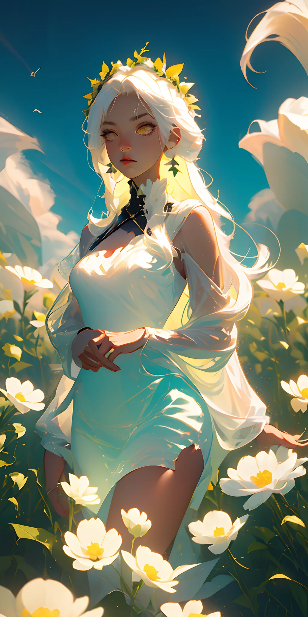 A woman in a white dress standing in a field of flowers - SeaArt AI