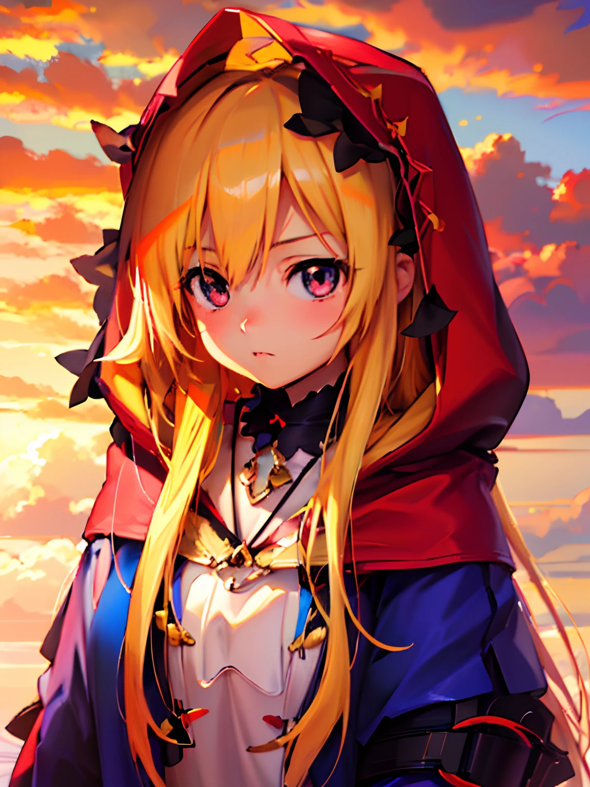 (best quality,4k,8k,highres,masterpiece:1.2),ultra-detailed,(realistic,photorealistic,photo-realistic:1.37),anime,girl,long hair,dark and red hoodie,gothic,golden hair,cute girl anime visuals,adorable anime girl portrait,extremely cute anime girl face,anime style like Fate/stay night,cute anime girl illustration,lodging for a night,female anime character,young anime girl,golden hair,black clothes