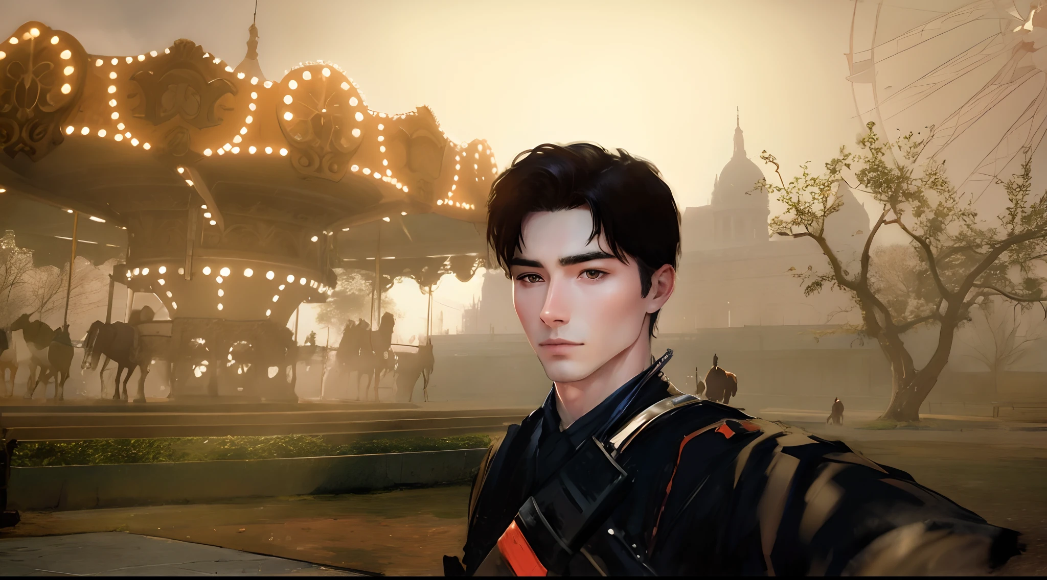 1men, short hair, handsome face, alone, horse