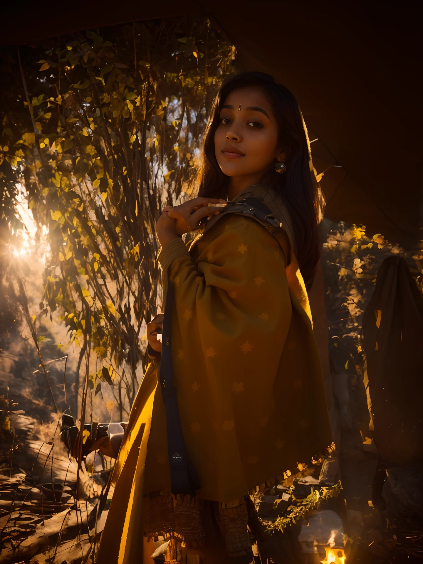 ((Top Quality, 8k, Masterpiece: 1.3)), bangladeshi women looks like chubby with Sari (1, 20 years old, Smile, Very Detailed Face and Skin and Hair Texture, Detailed Eyes, Double Eyelids, White Skin, Big, Beautiful Delicate Nose, Bright Hair Color, Slightly Longer Bob Cut Hair, Parka Wearing, Chinos Wearing, Mountain Boots Wearing), Overhead Camera, Sharp Focus: 1.2, Subject's Hair, Eyes, Mouth, While emphasizing the action, the composition is pleasing to the eye and thought-provoking. ⠀
ground, outdoor, (day), mountain, nature, (stars, moon) cheerful, wind, happy, backpack, tent, bonfire,, shadow, contrast, clear sky, style, (warm shades, warm tones), pleasant to the eye, while exuding melancholy emotions, characterized by a contrasting mix of calm tones and light and shadow, with dynamic angles, It is a thought-provoking composition.