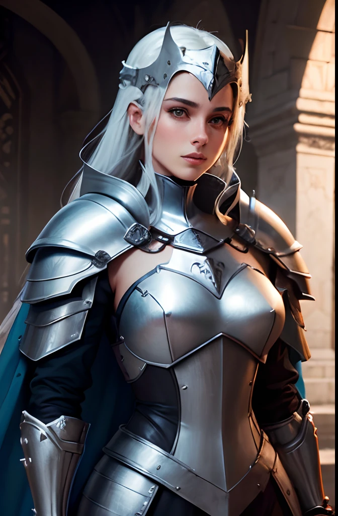 Beautiful version of Joan of Arc, armadura, (extremamente detalhado CG unidade 8k papel de parede),(master part), (best quality), (ultra-detalhado), (best illustration),(melhor sombra), cowboy shot, (Sharp eyeliner, sombra, olhos detalhados:1), Fundo da cidade, ,quebrar , (star15escola:1.2), ornamento de cabelo, ,