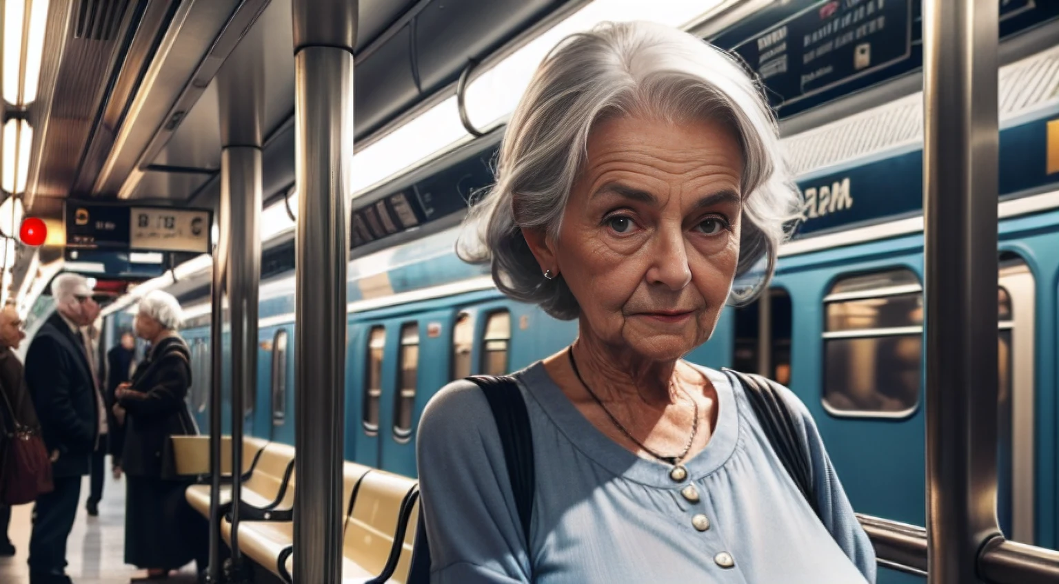 85-year-old woman with gray hair, seductive gaze, a bunch of hair on top, old gray hair, elderly stranger in the subway, awkward situation, many people, train arrived, subway, sexy summer clothes, blue eyes, a lot of wrinkles on her face, old woman, old body with wrinkles, detailed wrinkles (Old women in Europe)proper eye position,cinematic light, , soft light,detailed background, clear background, highly detail, 8k, ultra detailed background, detailed background, showing full body, full body, full body visible, perfect visible background, solo, small breasts,perfect eyes, detailed eyes, beautiful eyes, extra realistic eyes,