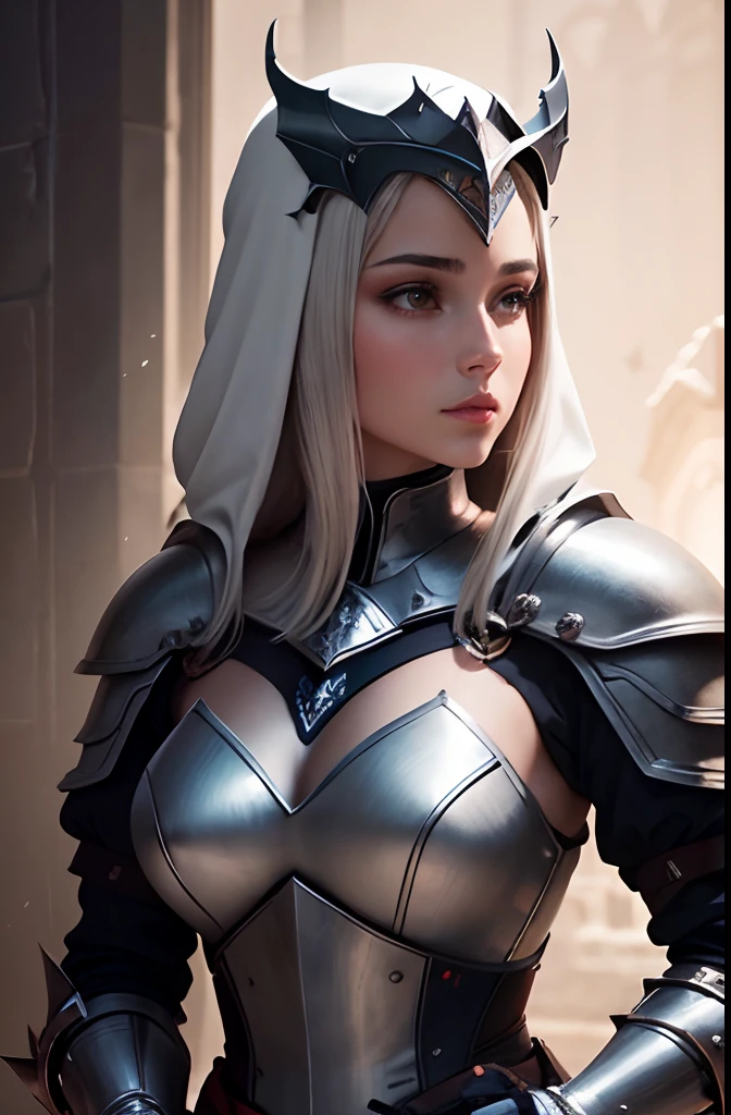 Beautiful version of Joan of Arc, armadura, (extremamente detalhado CG unidade 8k papel de parede),(master part), (best quality), (ultra-detalhado), (best illustration),(melhor sombra), cowboy shot, (Sharp eyeliner, sombra, olhos detalhados:1), Fundo da cidade, ,quebrar , (star15escola:1.2), ornamento de cabelo, ,