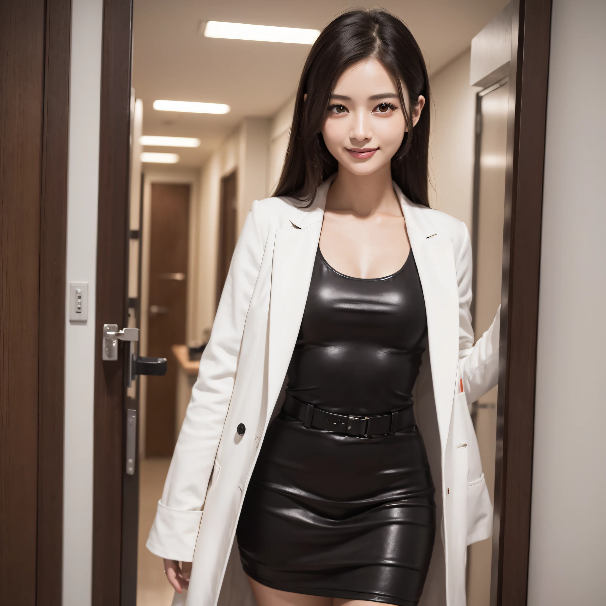 One Nurse Woman、((best qualtiy、8k masterpieces:1.3))、foco nítido:1.2、(ultra beautiful faces:1.0)、(shinny skin:1.0)、photos realistic、A dark-haired、Video Lighting、High-definition eyes and face、Video Lighting、Japan Idol Actress、from the front side、medium breasts、Smile、Slender Abs Beauty、Whole body、Wearing a white coat