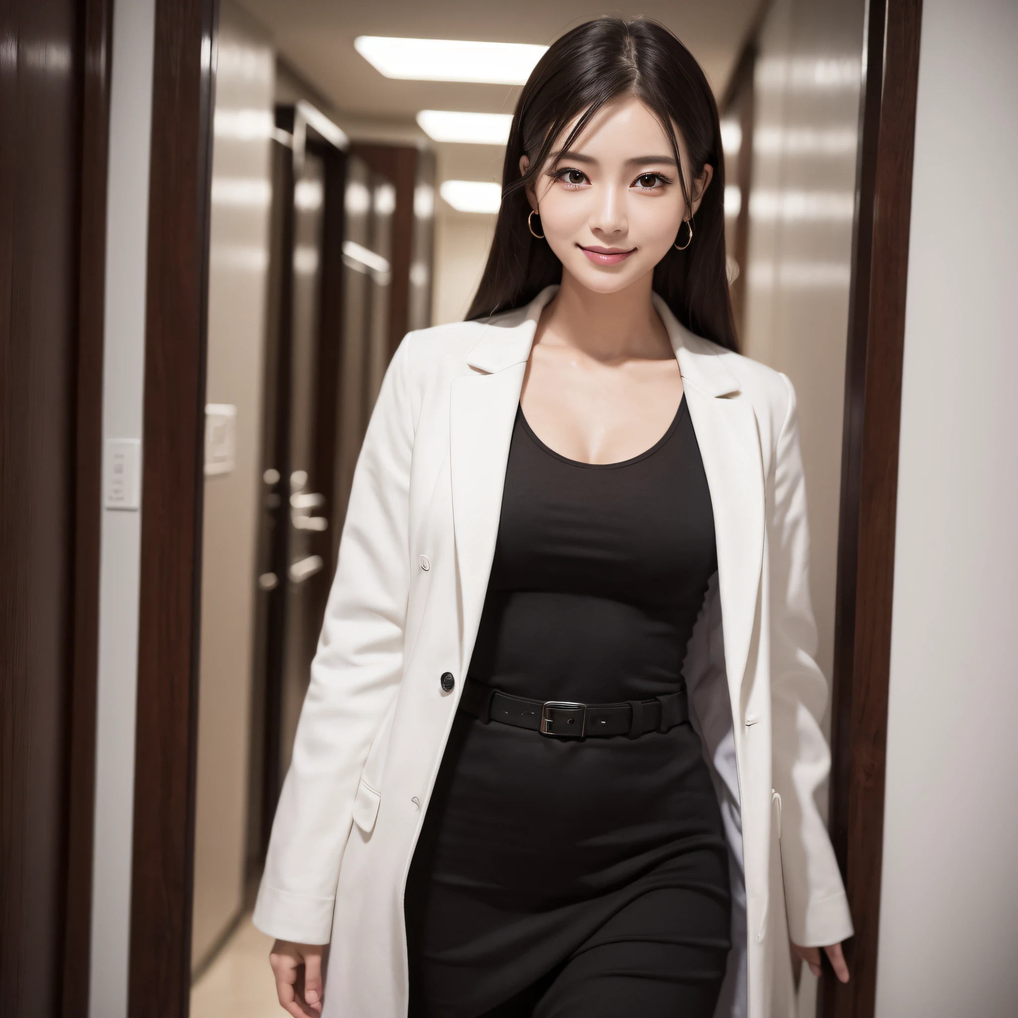 One Nurse Woman、((best qualtiy、8k masterpieces:1.3))、foco nítido:1.2、(ultra beautiful faces:1.0)、(shinny skin:1.0)、photos realistic、A dark-haired、Video Lighting、High-definition eyes and face、Video Lighting、Japan Idol Actress、from the front side、medium breasts、Smile、Slender Abs Beauty、Whole body、Wearing a white coat