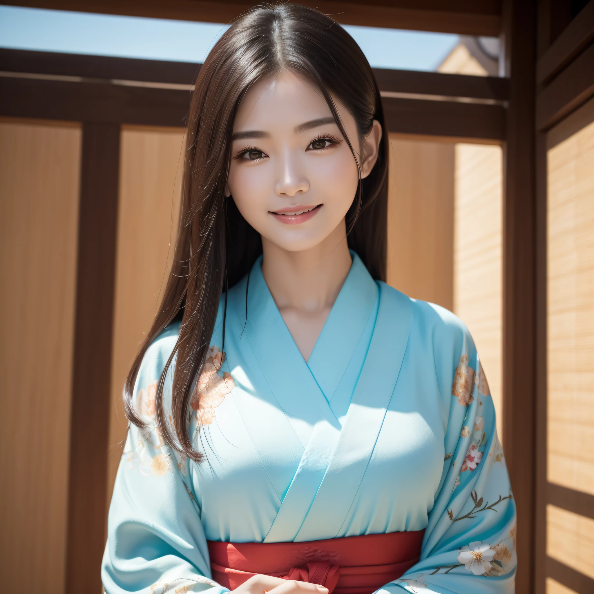Woman in Kimono、((best qualtiy、8k masterpieces:1.3))、foco nítido:1.2、(ultra beautiful faces:1.0)、(shinny skin:1.0)、photos realistic、A dark-haired、Video Lighting、High-definition eyes and face、Video Lighting、Korean idol actress、from the front side、medium breasts、Smile、Slender Abs Beauty、Whole body、wearing kimonos、At the shrine in the early morning