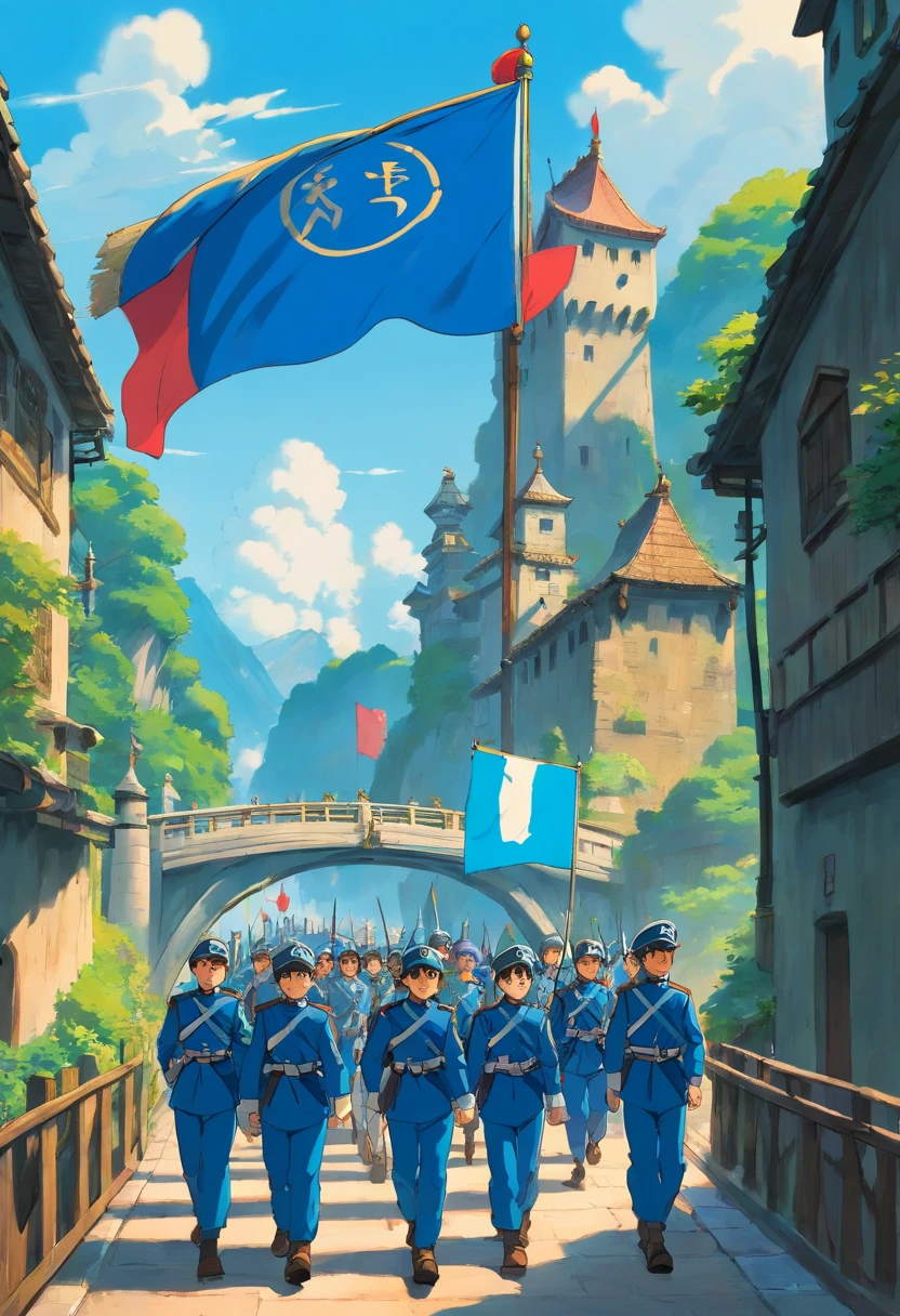 Soliders Marching with Blue Flag on Bridge