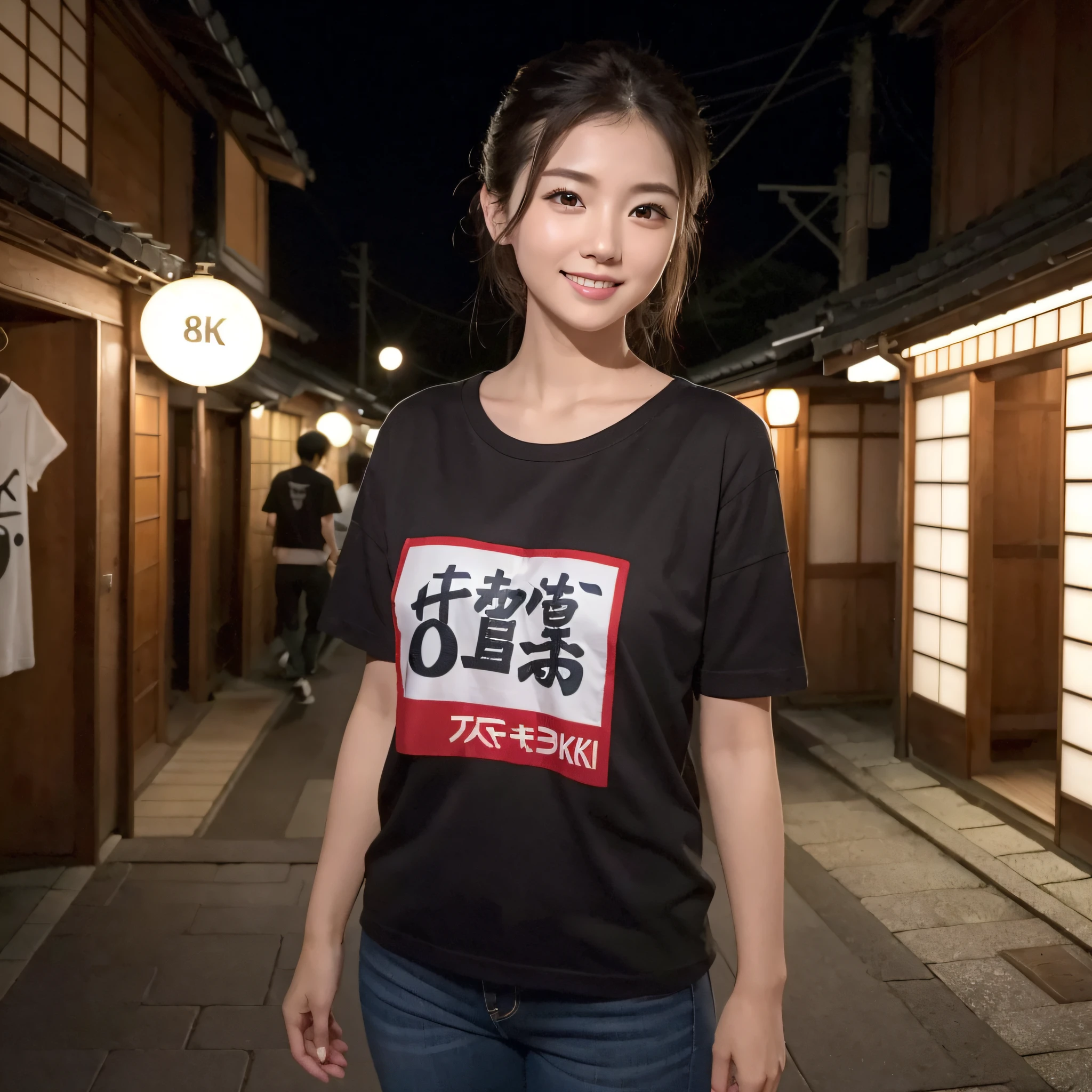 One beauty、((best qualtiy、8k masterpieces:1.3))、foco nítido:1.2、(ultra beautiful faces:1.0)、(shinny skin:1.0)、photos realistic、A dark-haired、Video Lighting、High-definition eyes and face、Video Lighting、25-year-old Japan actress、from the front side、medium breasts、Smile、Slender Abs Beauty、Whole body、Wearing a T-shirt with Japan kanji written on it、In Kyoto at night
