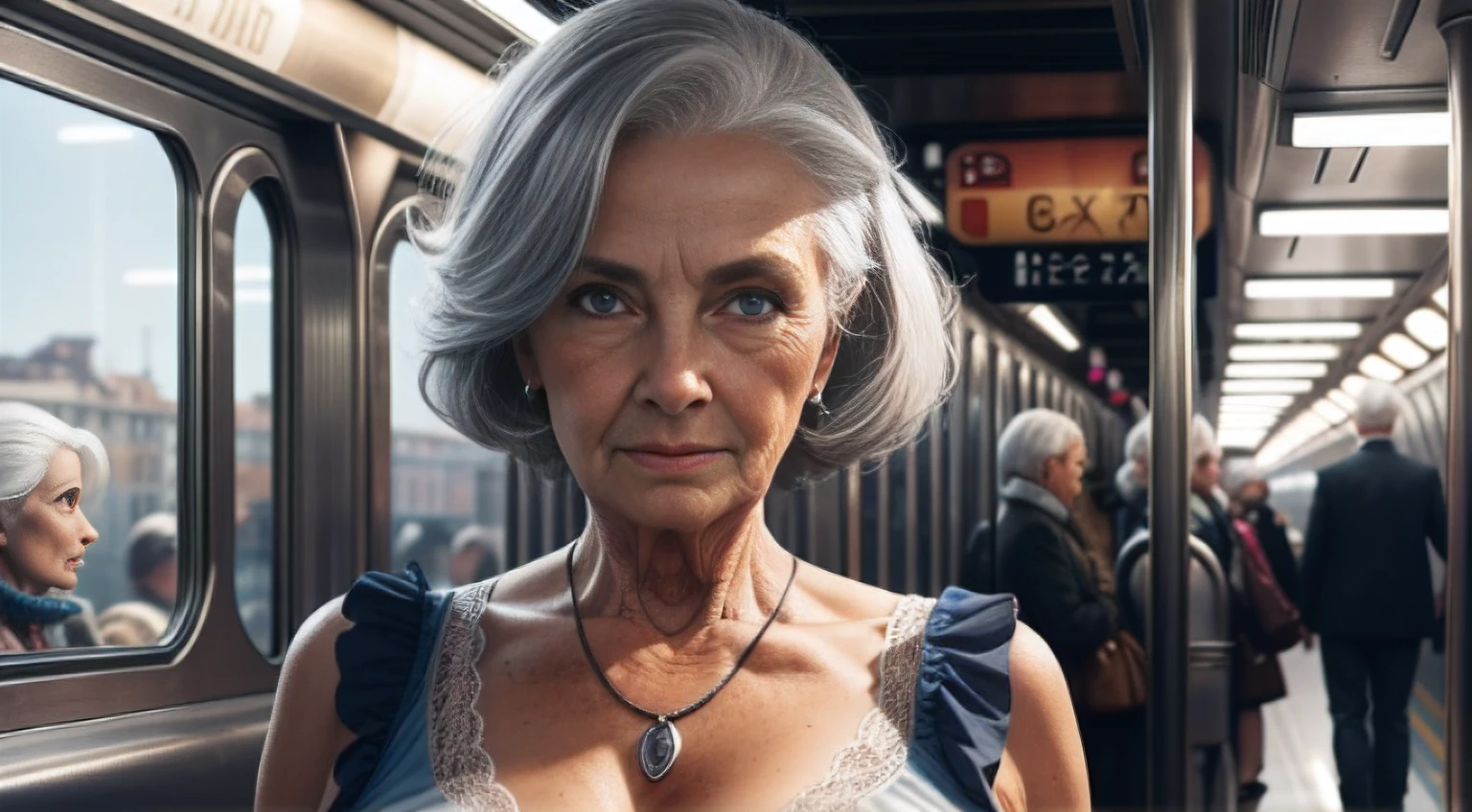 85-year-old woman with gray hair, seductive gaze, a bunch of hair on top, old gray hair, elderly stranger in the subway, awkward situation, many people, train arrived, subway, sexy summer clothes, blue eyes, a lot of wrinkles on her face, old woman, old body with wrinkles, detailed wrinkles (Old women in Europe)proper eye position,cinematic light, , soft light,detailed background, clear background, highly detail, 8k, ultra detailed background, detailed background, showing full body, full body, full body visible, perfect visible background, solo, small breasts,