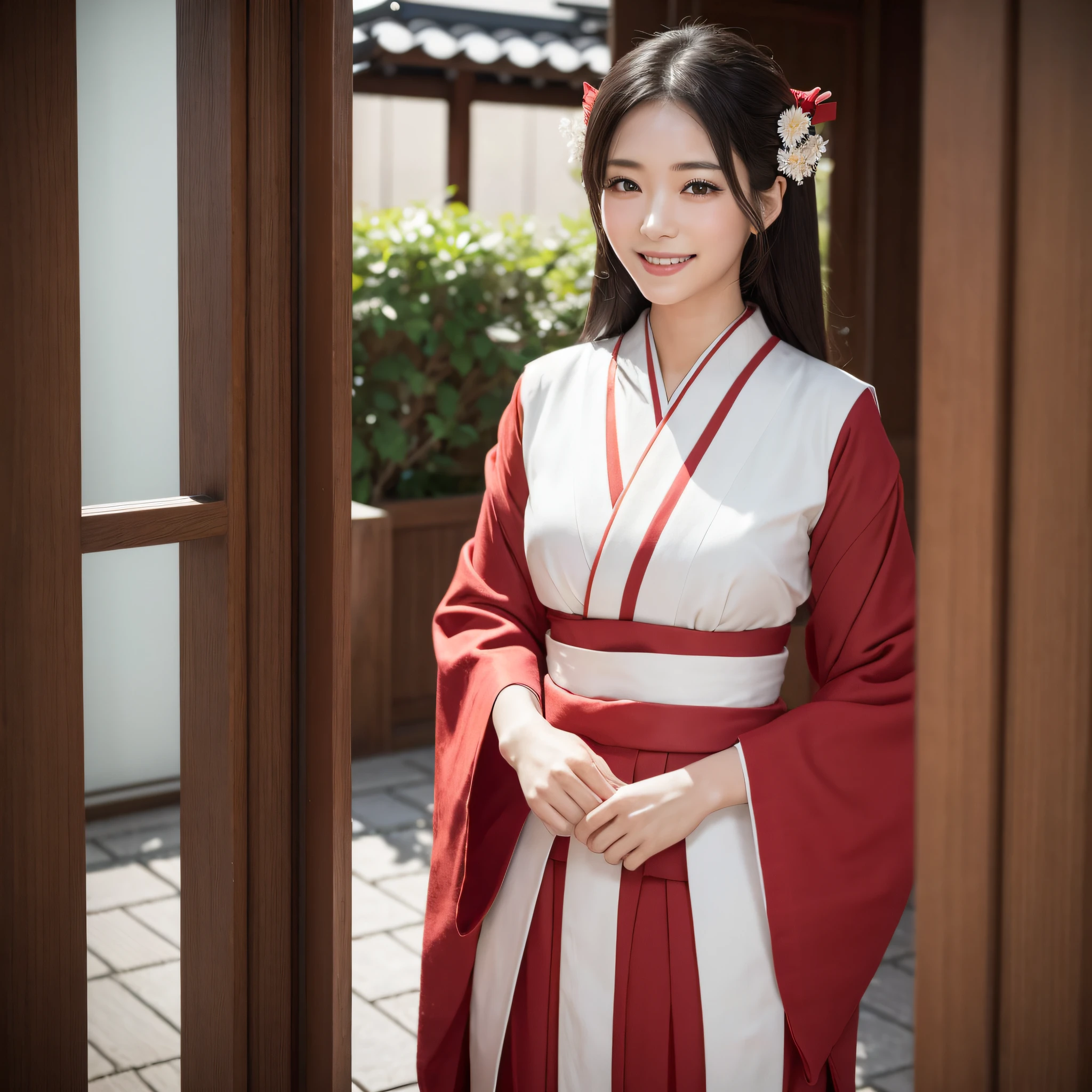 girl in old-Japanese shrine,long sleeved white shrine hakama top,red hakama bottom,white tabi,hair red bow,18-year-old,bangs,a little smiles,knees,low ponytail,from below