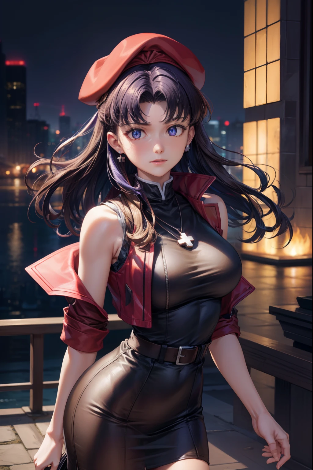 misatokatsuragi, misato katsuragi, long hair, (brown eyes:1.5), blue hair, purple hair,
BREAK hat, dress, bare shoulders, jewelry, jacket, earrings, open clothes, sleeveless, necklace, black dress, open jacket, sleeveless dress, beret, short dress, cross, red headwear, red jacket, cross necklace,
BREAK looking at viewer,
BREAK outdoors, city,
BREAK (masterpiece:1.2), best quality, high resolution, unity 8k wallpaper, (illustration:0.8), (beautiful detailed eyes:1.6), extremely detailed face, perfect lighting, extremely detailed CG, (perfect hands, perfect anatomy),