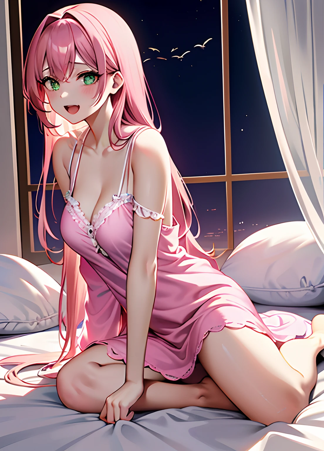 masterpiece, Best quality, Moka Akashiya, (modern breasts, long pink hair, soft green eyes), One, Yokai Academy girl, Happy, Open mouth, upper teeth, Barefoot, From the side, ((((Pink Sukesuke Nightgown)))), (Black Bra,Panties))),Away from Shoulders, Lying in bed, Night, Window, Bed, Room, Room, Vampire girl with rosary around her neck hanging over her bosom
