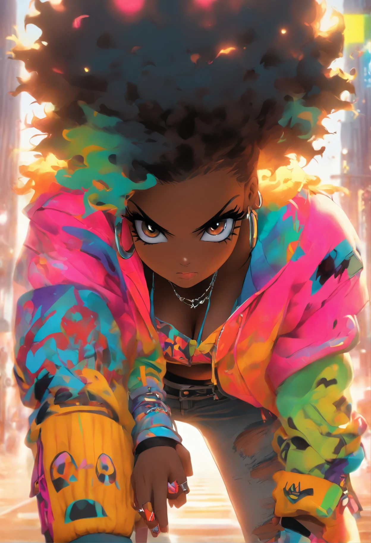The most beautiful and big boob sexy punk rock girl, black Afro, crop top under jacket cabello color arco iris, ojos amarillos, dark skin, usar una sudadera con capucha, Graphic design jacket and torn skinny jeans, toneladas de tatuajes y piercings, Obra maestra perfecta, alta calidad, High resolution, big tits