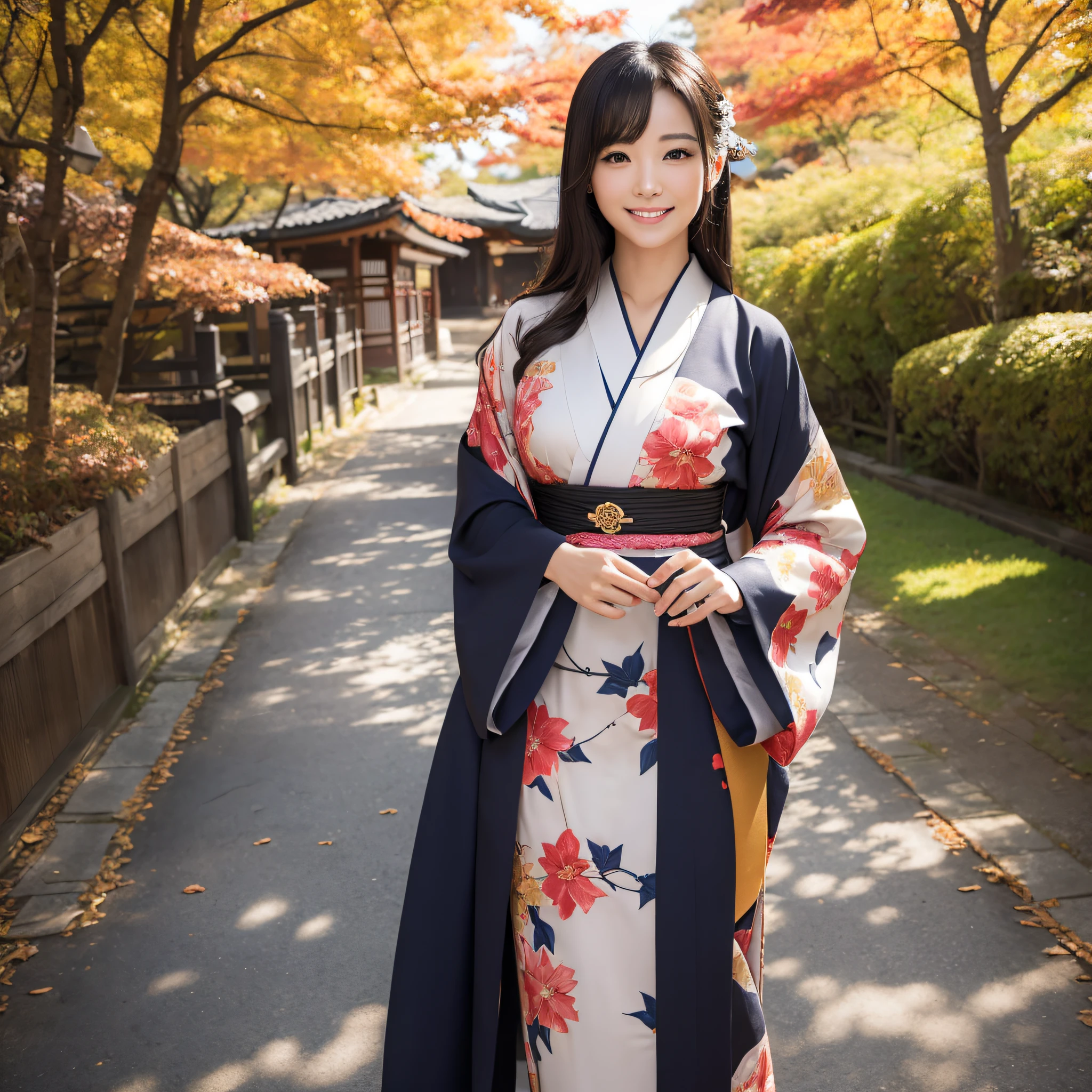 (Super beautiful woman in kimono)、((best qualtiy、8k masterpieces:1.3))、foco nítido:1.2、(ultra beautiful faces:1.0)、(shinny skin:1.0)、photos realistic、A dark-haired、Video Lighting、High-definition eyes and face、Video Lighting、Japanese actressl、from the front side、medium breasts、With a happy smile、Slender Abs Beauty、Whole body、wearing kimonos、Under the autumn leaves