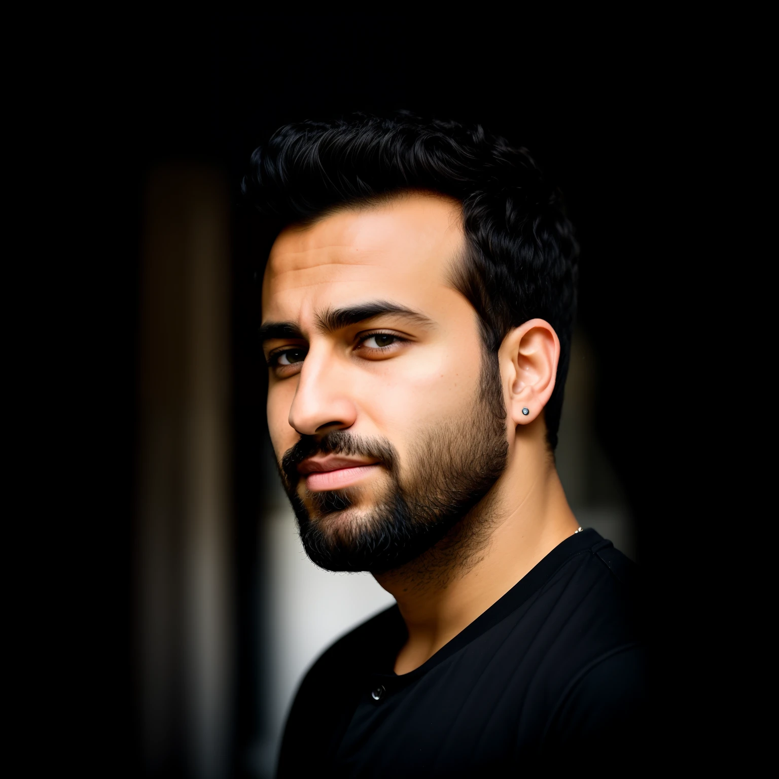 arafed man with a beard and a black shirt looking at the camera, with accurate face, taken with sony alpha 9, with head phones, taken with canon eos 5 d mark iv, profile shot, with lovely look, side-view, side - view, taken with canon 5d mk4, taken with a canon eos 5 d