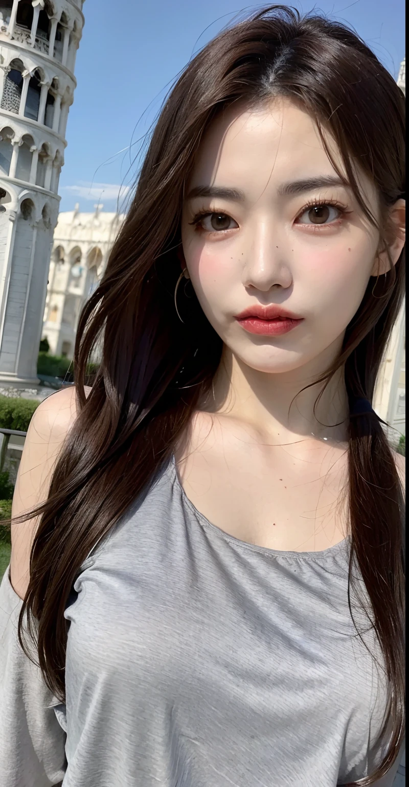 ((Best Quality, 8K, Masterpiece:1.3)), Focus: 1.2, Perfect Body Beauty: 1.4, ((Layered Haircut, Breasts: 1.2)), Brustwarzen，a narrow waist，West skirt， (Wet Clothes: 1.1) , (1 tower of pisa background), Highly Detailed Face and Skin Texture, Delicate Eyes, Double Eyelids, Whitened Skin, Long Hair