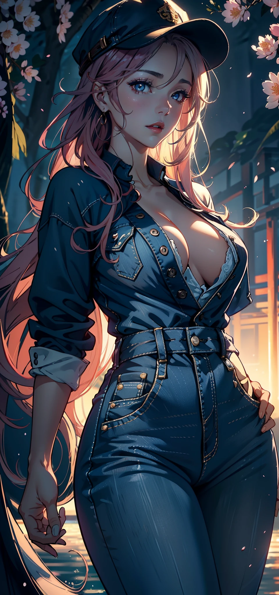 1female,45 yers old,Married Woman,熟妇,plumw,extremely large bosom, 独奏,(Background with:ponds,Cherry blossom forest,lotus flower)Lie underwater, She has long pink hair,seen from the front,, mostly cloudy sky,(((tmasterpiece),(Very detailed CG unity 8K wallpaper),best qualtiy,cinmatic lighting,detailed back ground,beatiful detailed eyes,Bright pupils,Black eyes,Snow-whiteskin,Redlip(Very fine and beautiful),(Beautiful and detailed eye description),ultra - detailed,tmasterpiece,))facing at camera,A high resolution,ultra - detailed),revealing breasts,Bare genitalia, Bulge,legs are open,Raised sexy,Camel toes,Desire for dissatisfaction,frontage,(Wearing:Blue denim jumpsuit,baseball cap)